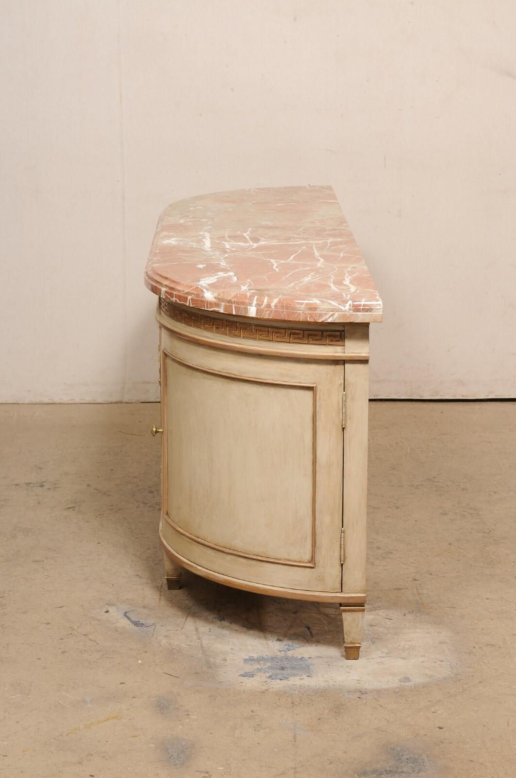 Elegantly Bowed French Marble Top Buffet Console Cabinet w/Greek Key Accents 3