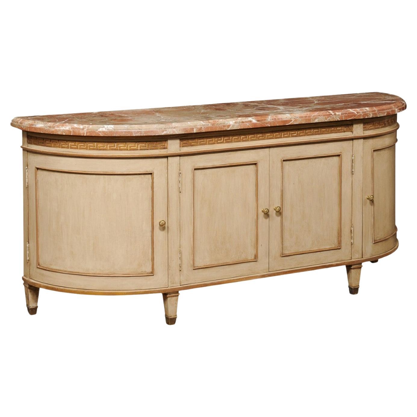 Elegantly Bowed French Marble Top Buffet Console Cabinet w/Greek Key Accents For Sale