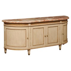 Elegantly Bowed French Marble Top Buffet Console Cabinet w/Greek Key Accents