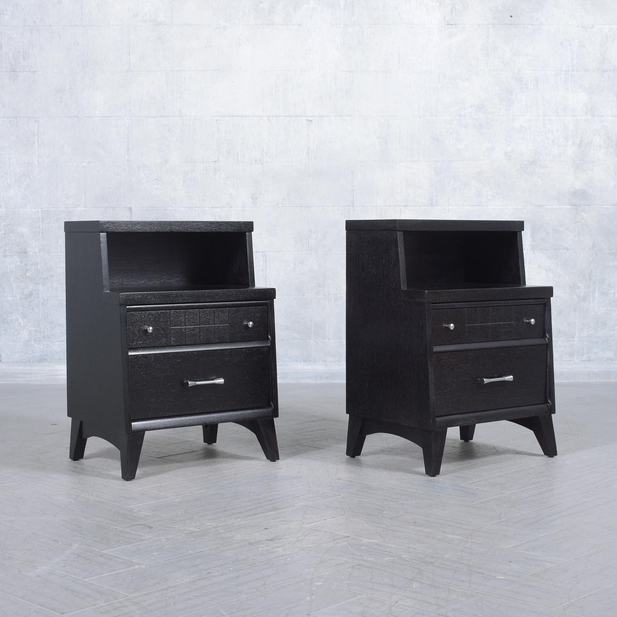 Vintage Mid-Century Modern Nightstands with Ebonized Finish and Chrome Hardware For Sale 3