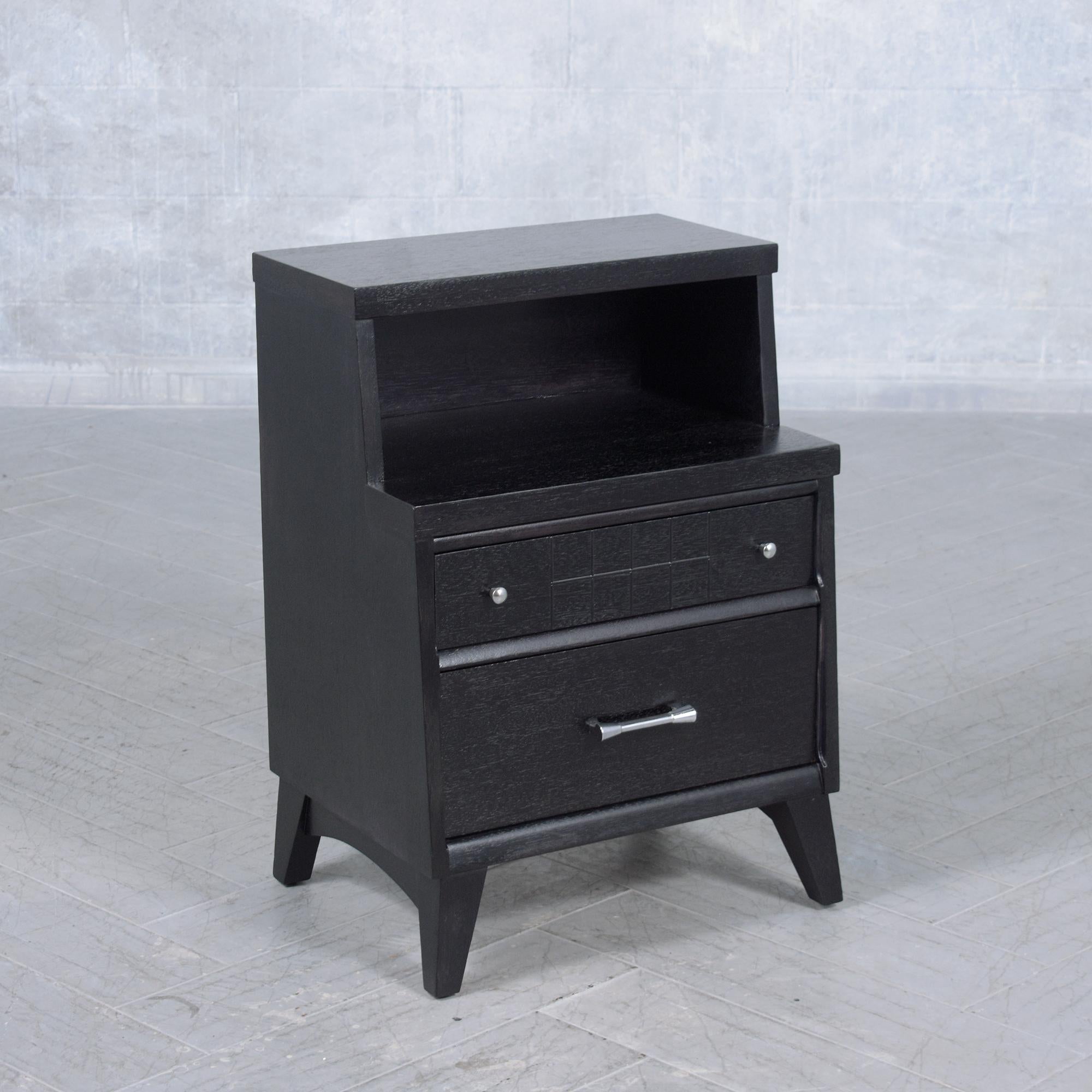 Restored Mid-Century Modern Nightstands with Ebonized Finish and Chrome Hardware For Sale 4