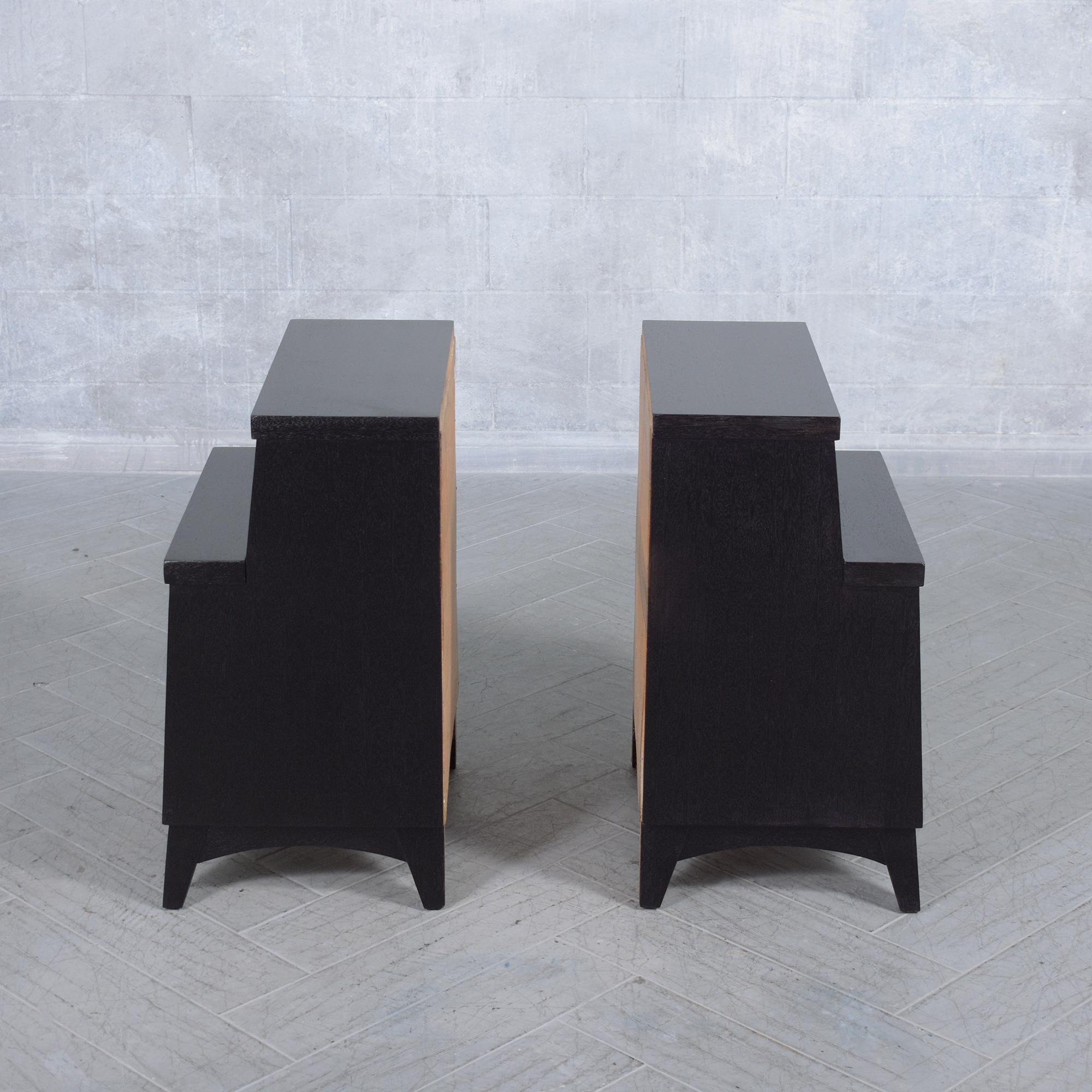 Restored Mid-Century Modern Nightstands with Ebonized Finish and Chrome Hardware For Sale 6