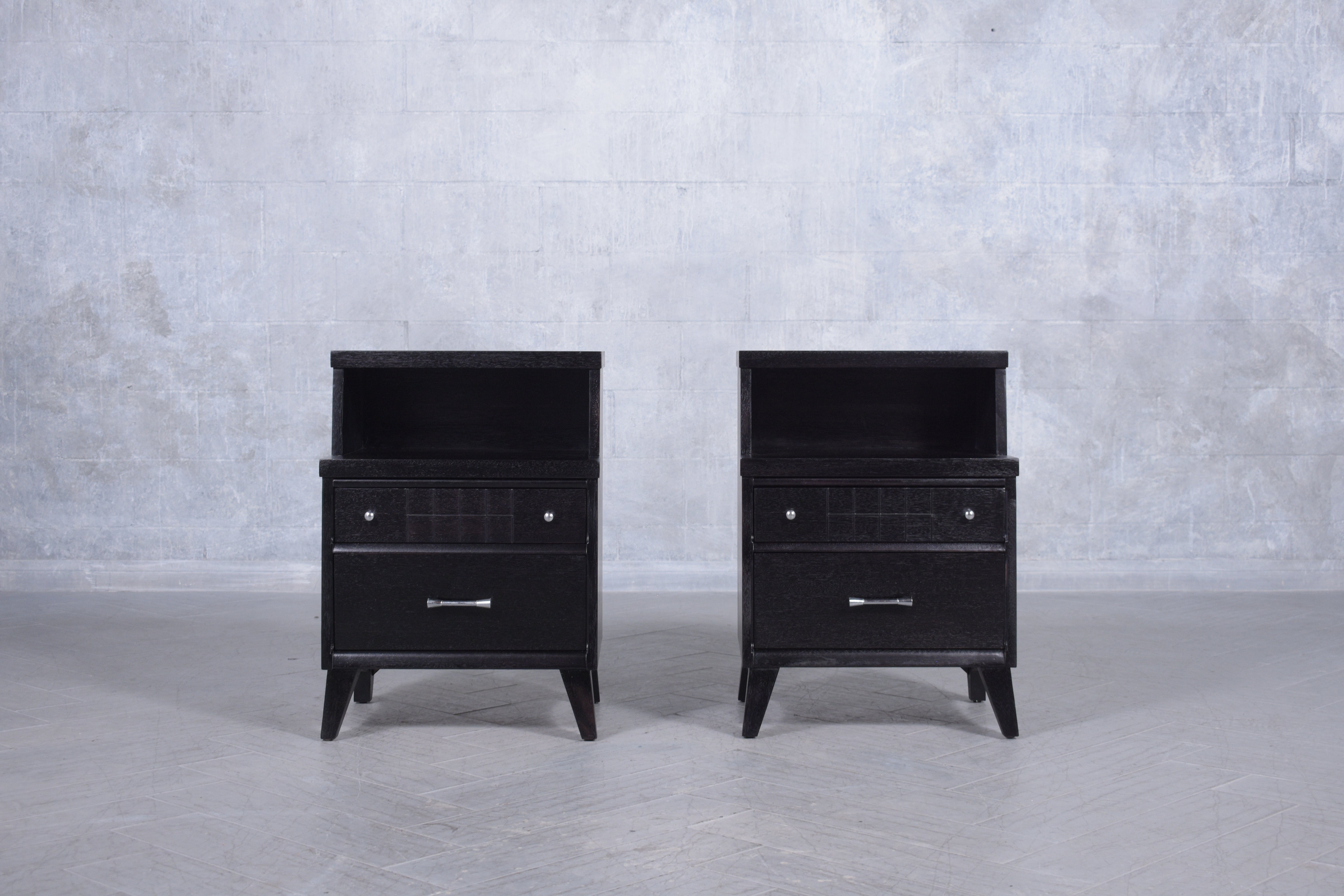 American Restored Mid-Century Modern Nightstands with Ebonized Finish and Chrome Hardware For Sale
