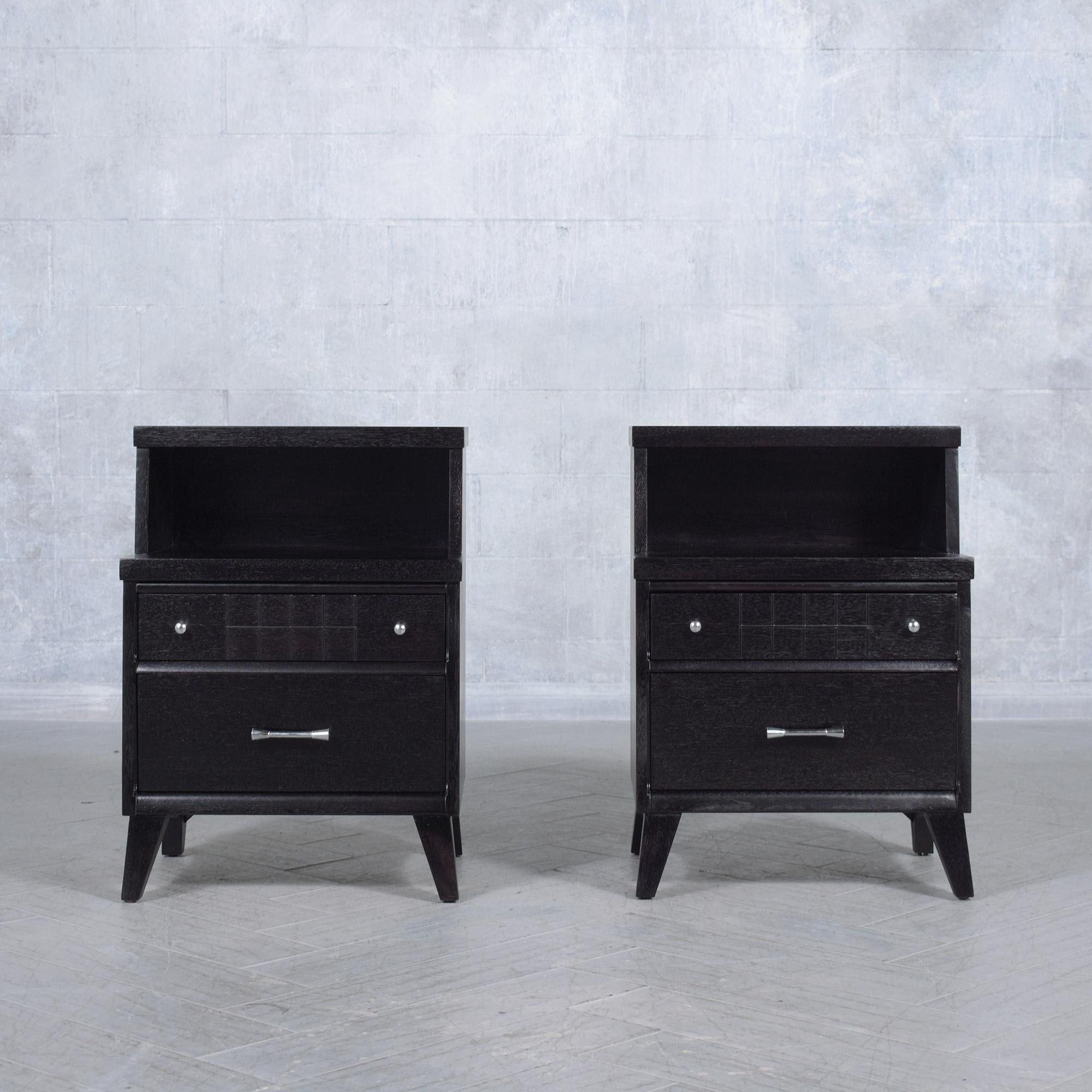 Carved Restored Mid-Century Modern Nightstands with Ebonized Finish and Chrome Hardware For Sale