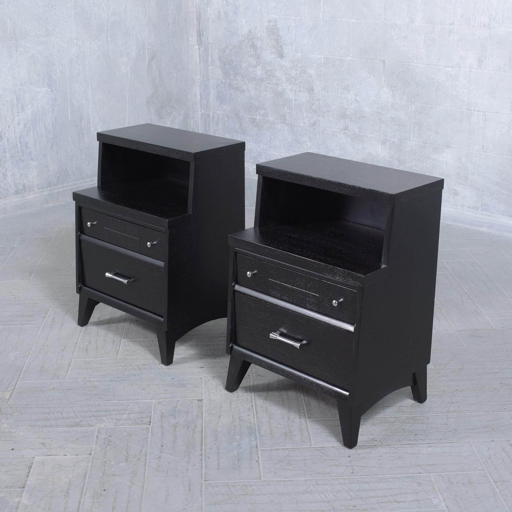 Mid-20th Century Restored Mid-Century Modern Nightstands with Ebonized Finish and Chrome Hardware For Sale