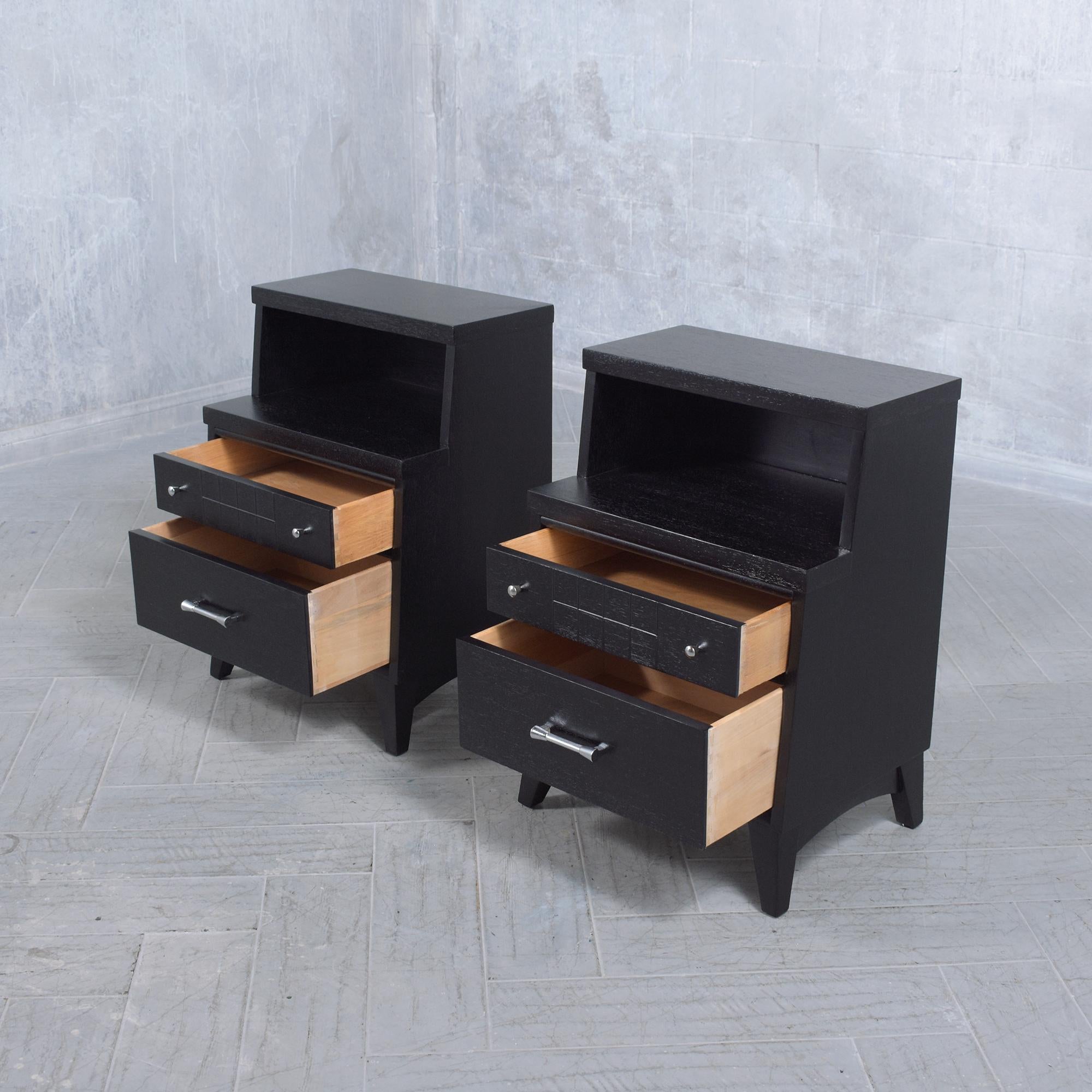 Restored Mid-Century Modern Nightstands with Ebonized Finish and Chrome Hardware For Sale 1