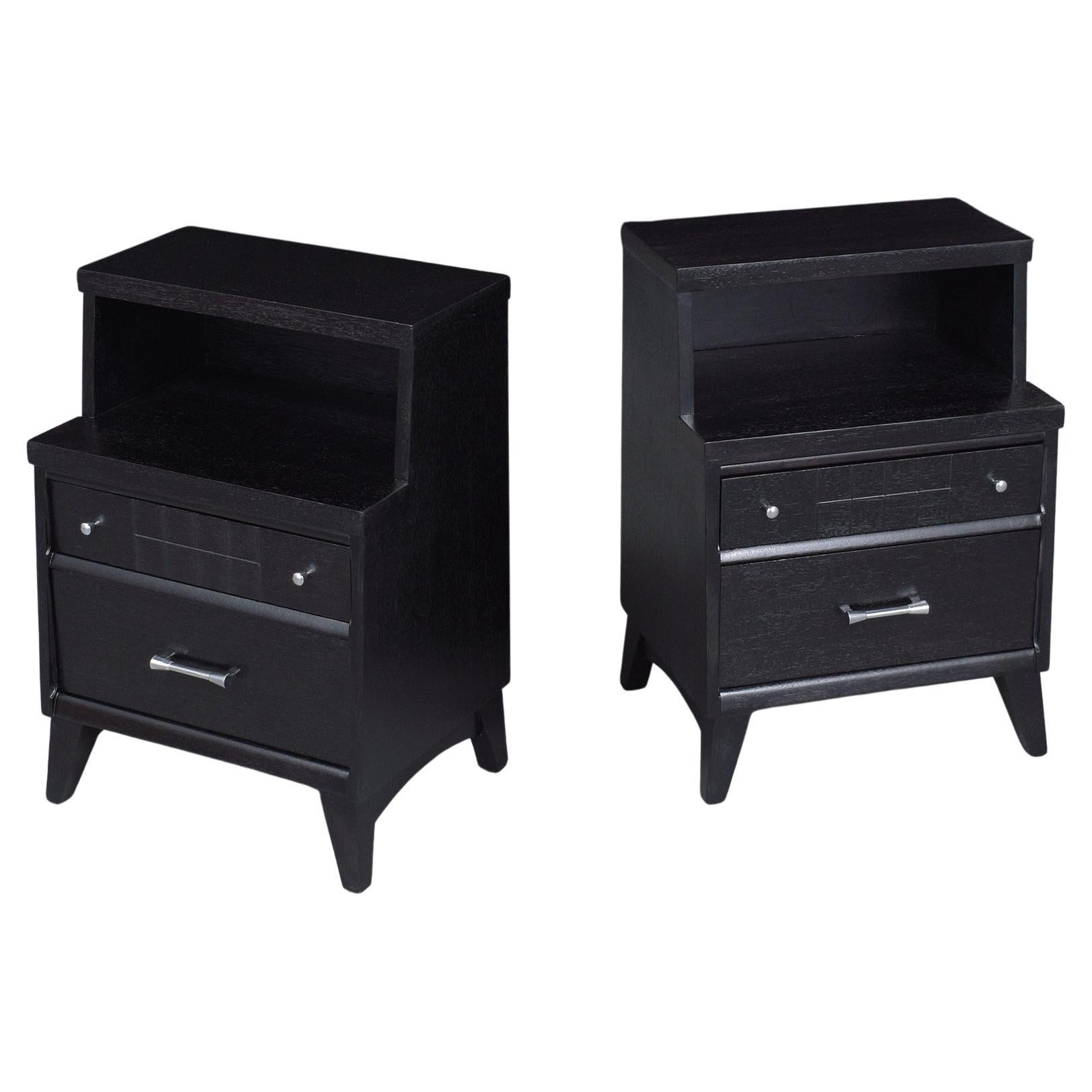 Restored Mid-Century Modern Nightstands with Ebonized Finish and Chrome Hardware For Sale
