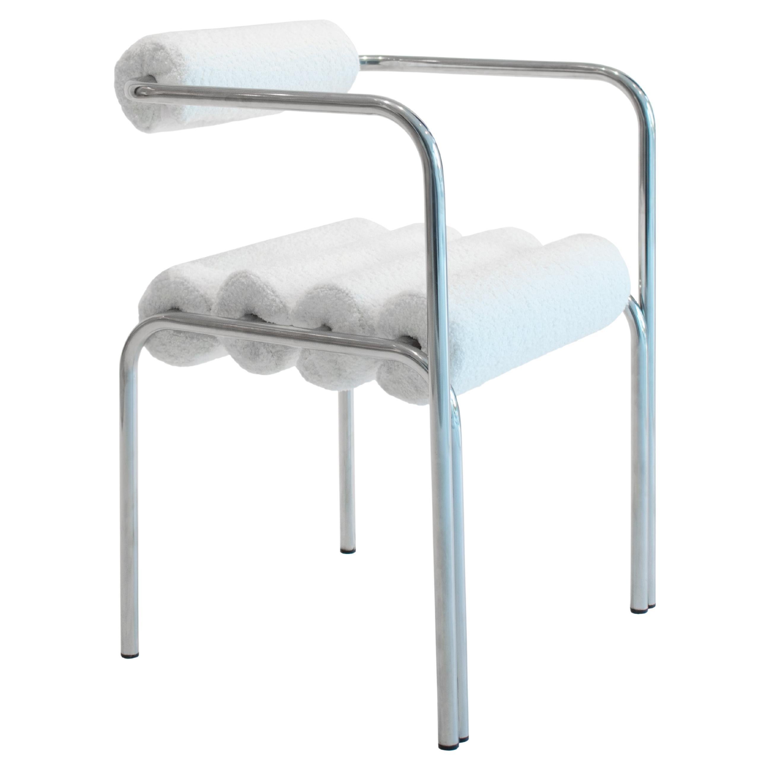 ELEGG Stainless Steel Tubular Chair with White Marine Leather or Bouclé Fabric For Sale