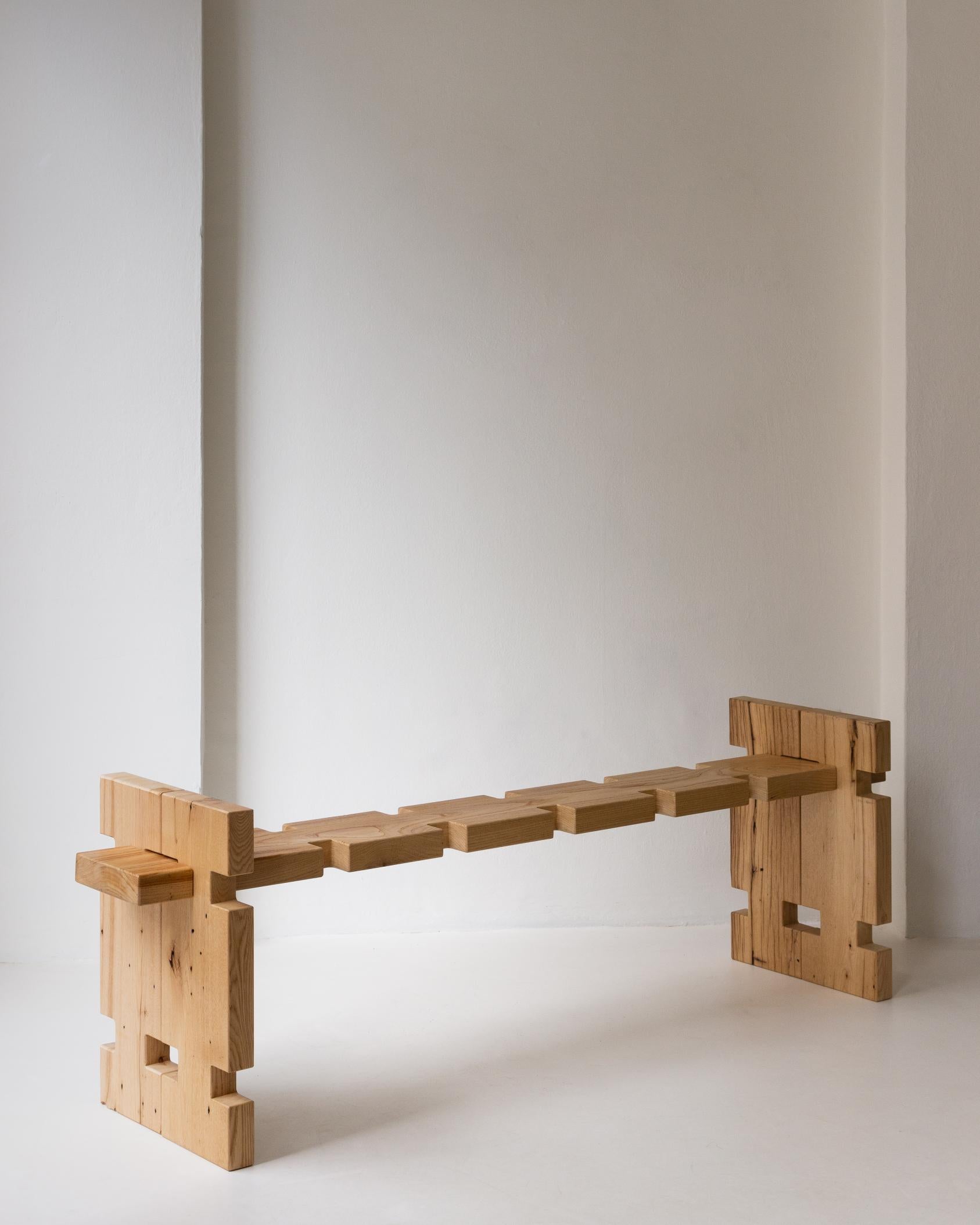 Element 3 Seater Bench by Nana Zaalishvili
Dimensions: W 175 x D 40 x H 55 cm
Materials: Century Old Oak

Made of solid Maple wood, this 3-seater bench ‘Museum’ is one of the pieces of the ‘Element’ collection influenced by the Georgian Oda house