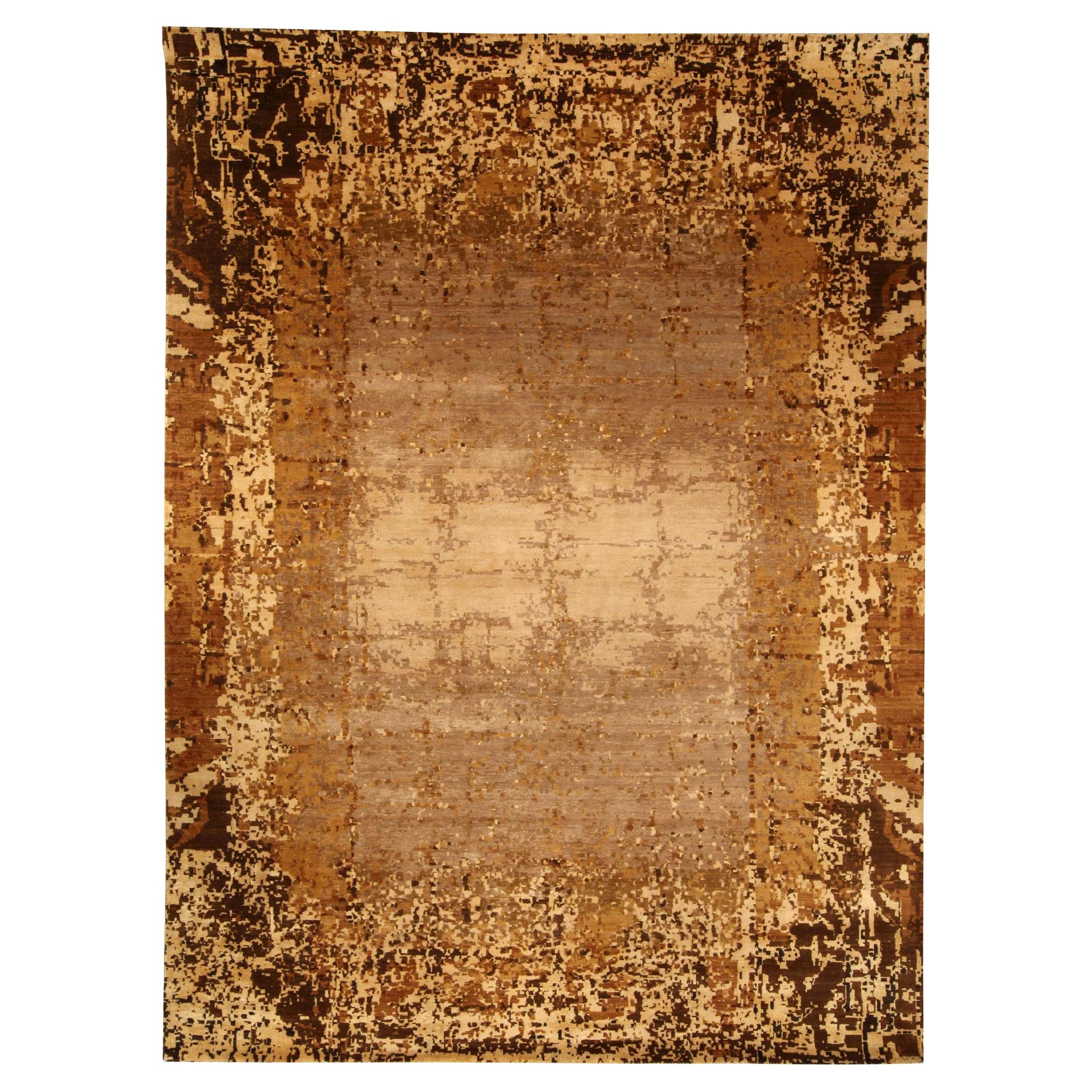 Moderner Braun Beige Gold Elemente Handgefertigter Wollteppich von Doris Leslie Blau