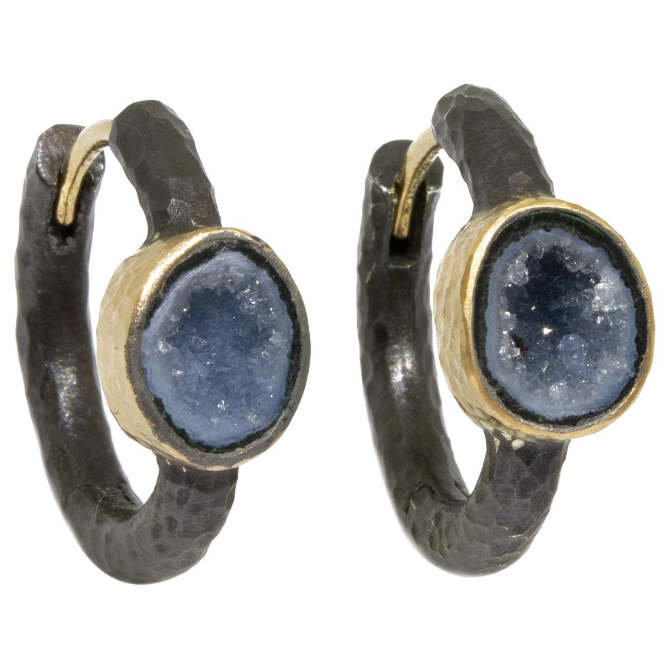 Element Mini Geode 18 Karat Gold and Oxidized Hoop Earrings For Sale
