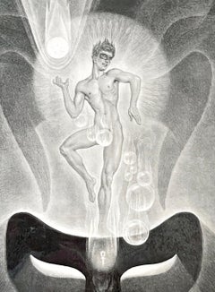 "Elemento del Aire", Grabado Art Decó con desnudo masculino y tema de la Atlántida, por Avinoff