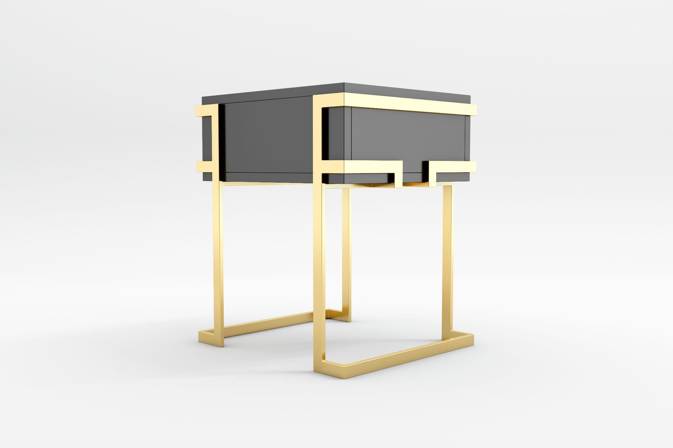 European Elemental Bedside Table -  Modern Black Lacquered Side Table with Brass Legs For Sale