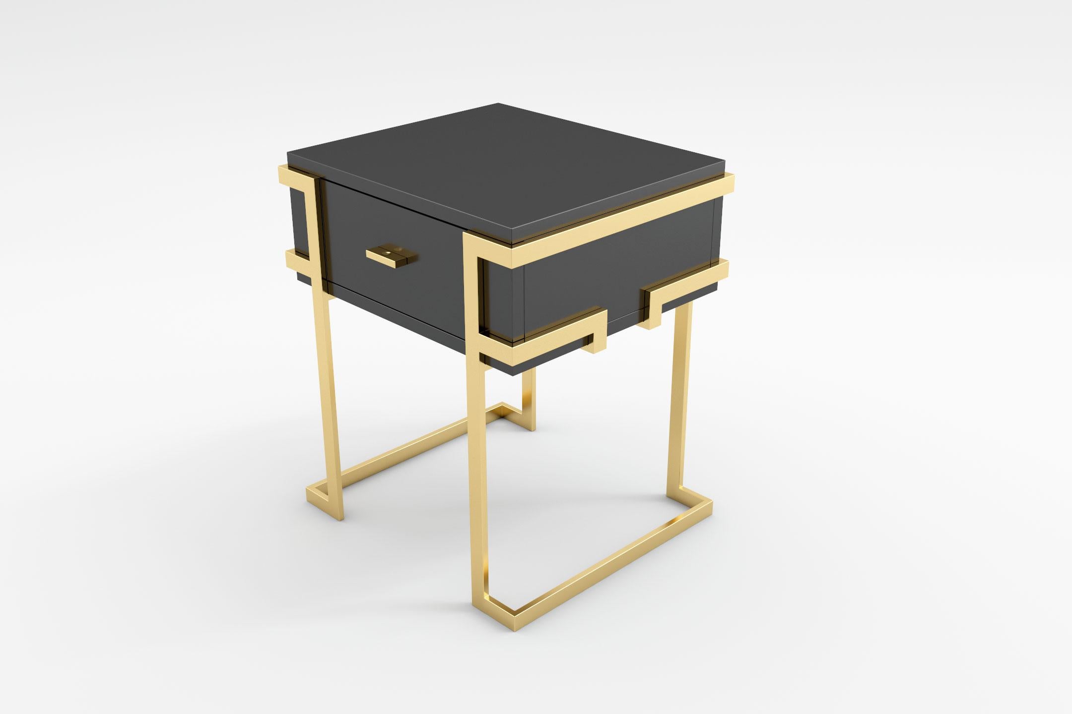 Elemental Bedside Table -  Modern Black Lacquered Side Table with Brass Legs In New Condition For Sale In London, GB