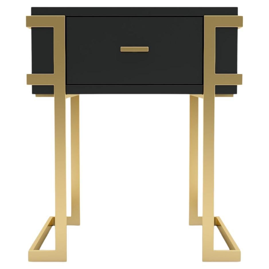 Elemental Bedside Table -  Modern Black Lacquered Side Table with Brass Legs