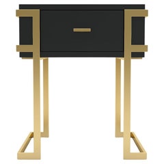Elemental Bedside Table -  Modern Black Lacquered Side Table with Brass Legs