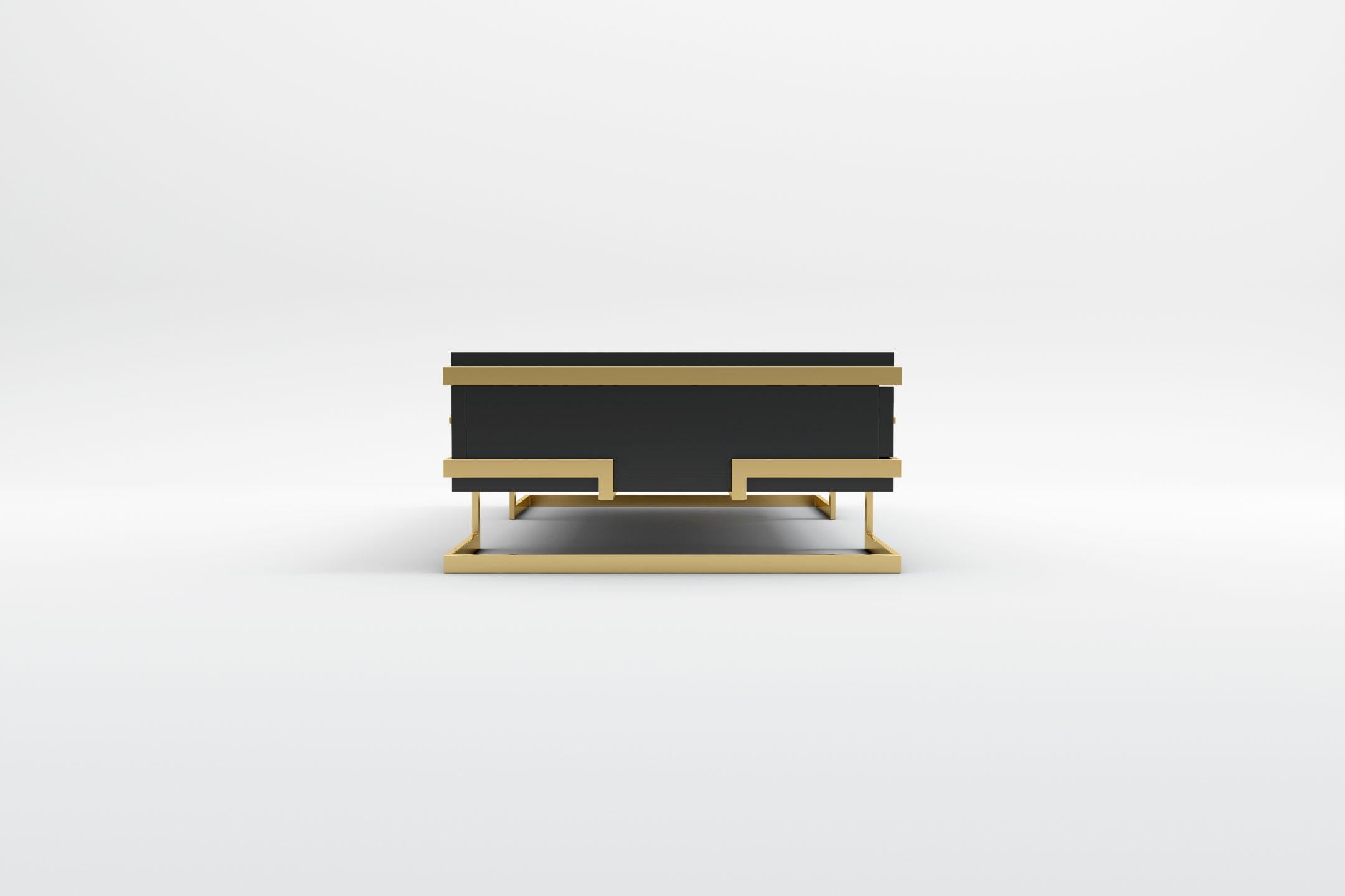 European Elemental Coffee Table -  Modern Black Lacquered Coffee Table with Brass Legs For Sale