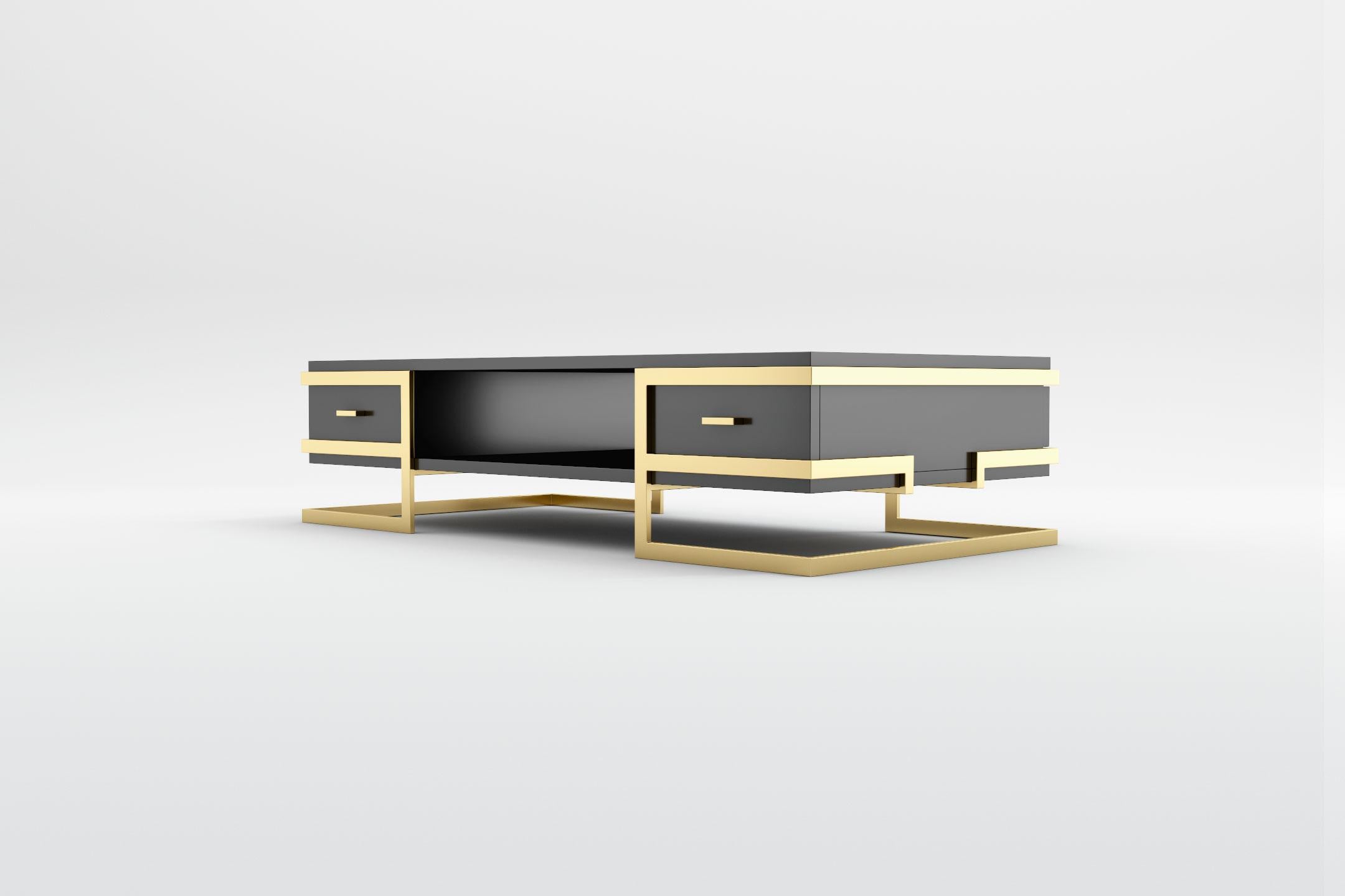 Elemental Coffee Table -  Modern Black Lacquered Coffee Table with Brass Legs In New Condition For Sale In London, GB