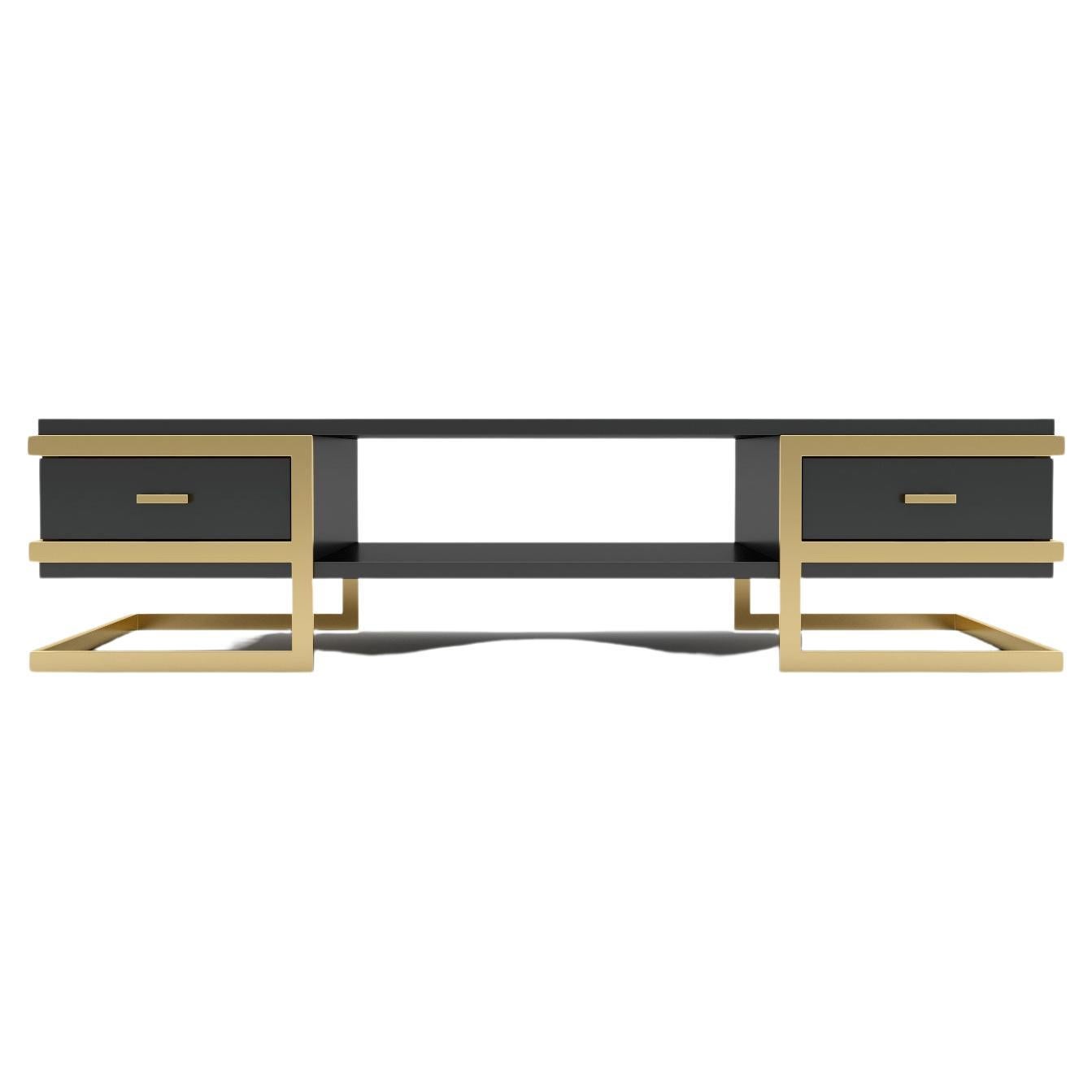Elemental Coffee Table -  Modern Black Lacquered Coffee Table with Brass Legs