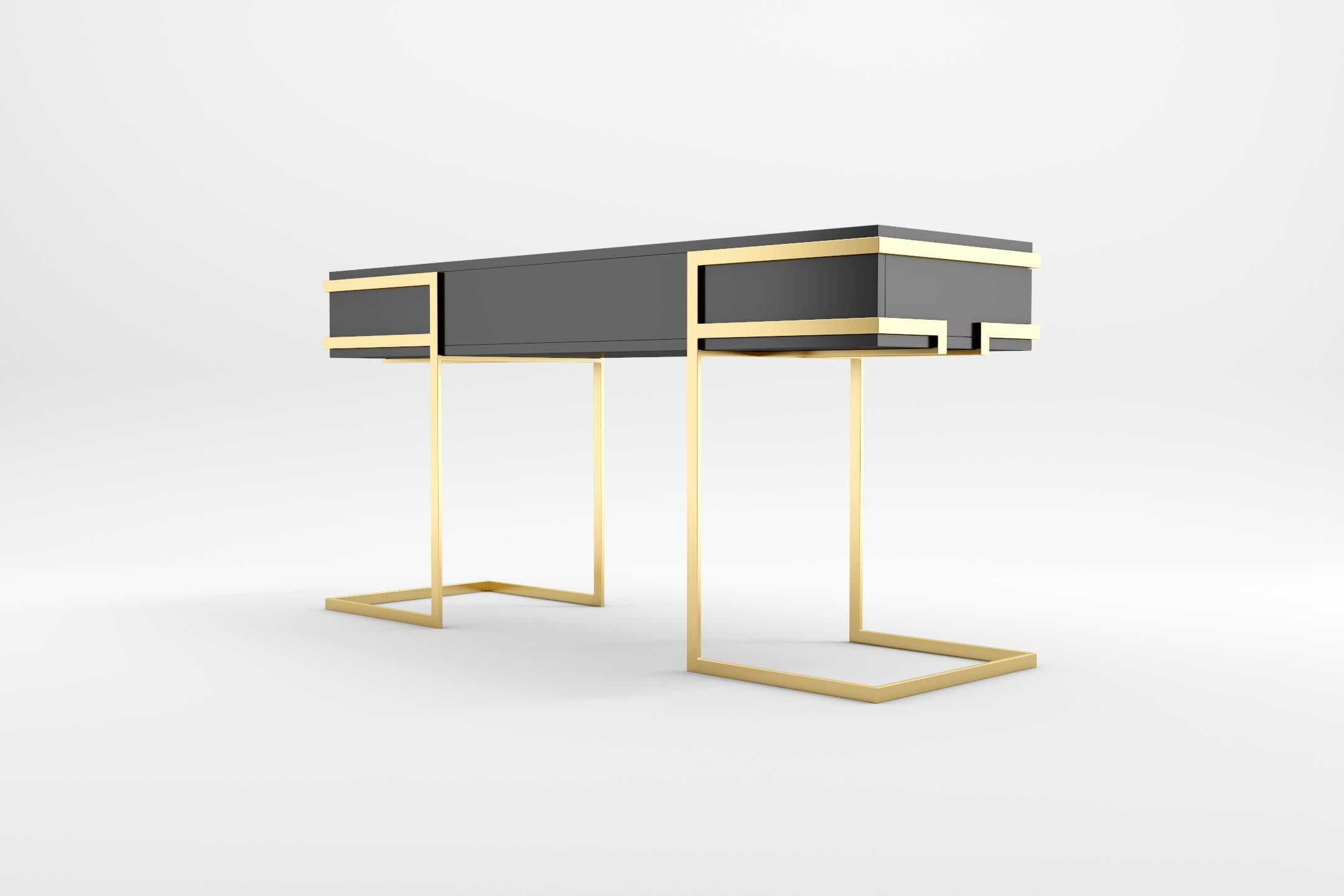 European Elemental Console -  Modern Black Lacquered Console Table with Brass Legs For Sale