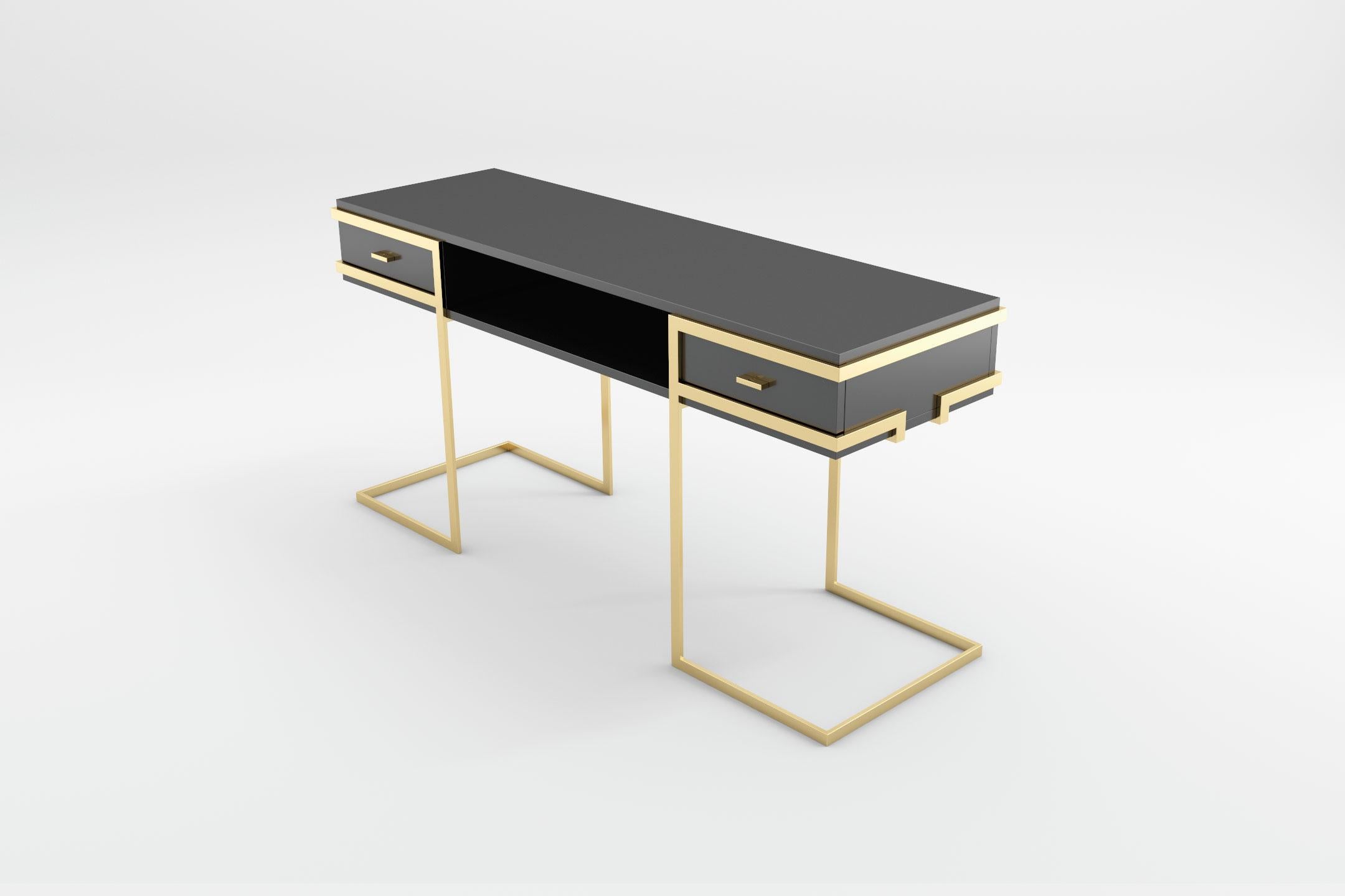 Elemental Console -  Modern Black Lacquered Console Table with Brass Legs In New Condition For Sale In London, GB