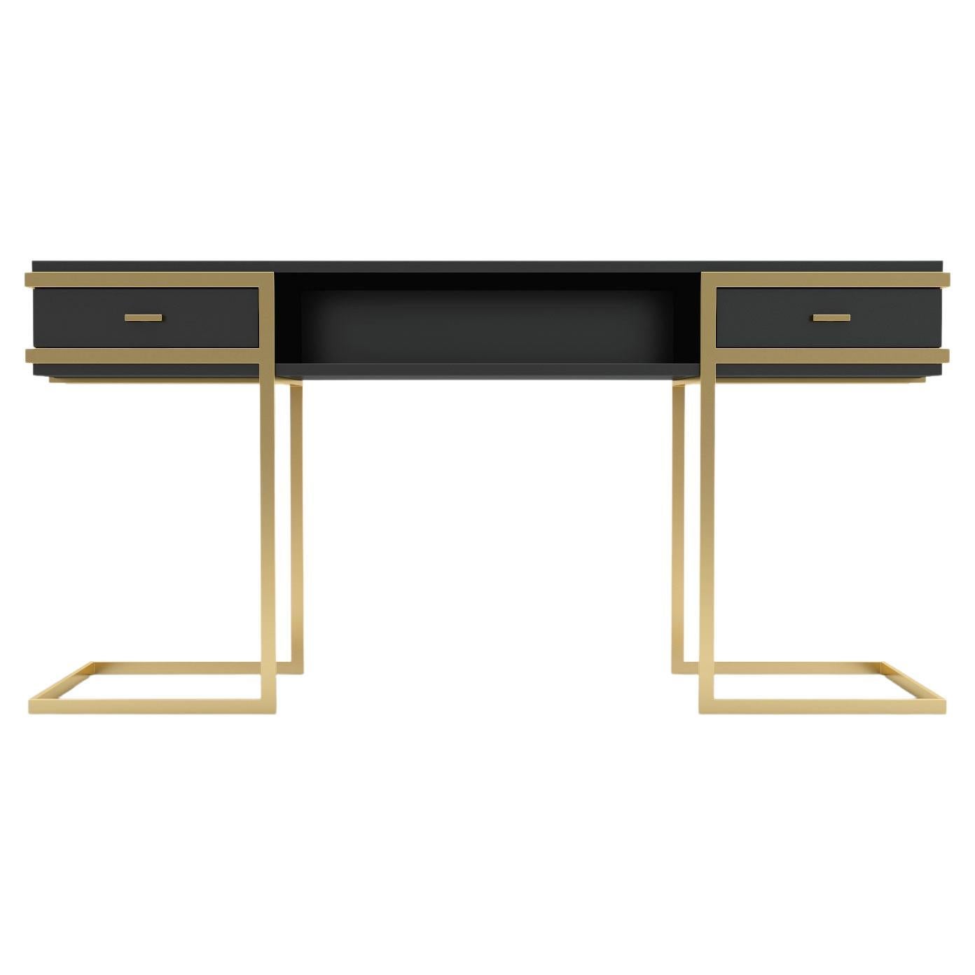 Console élémentaire -  Table console moderne laquée noire avec pieds en laiton en vente