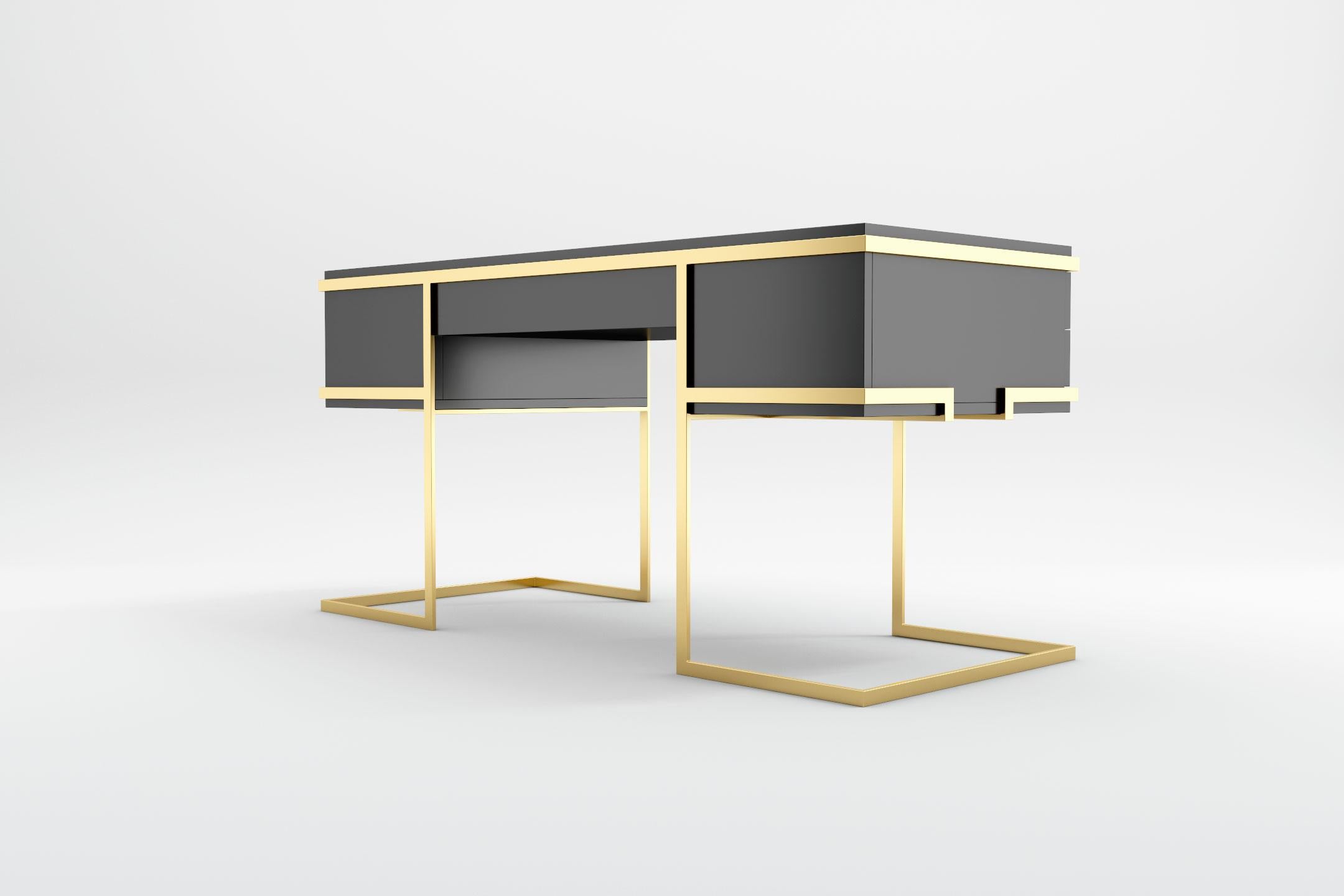 European Elemental Desk -  Modern Black Lacquered Desk with Brass Legs For Sale