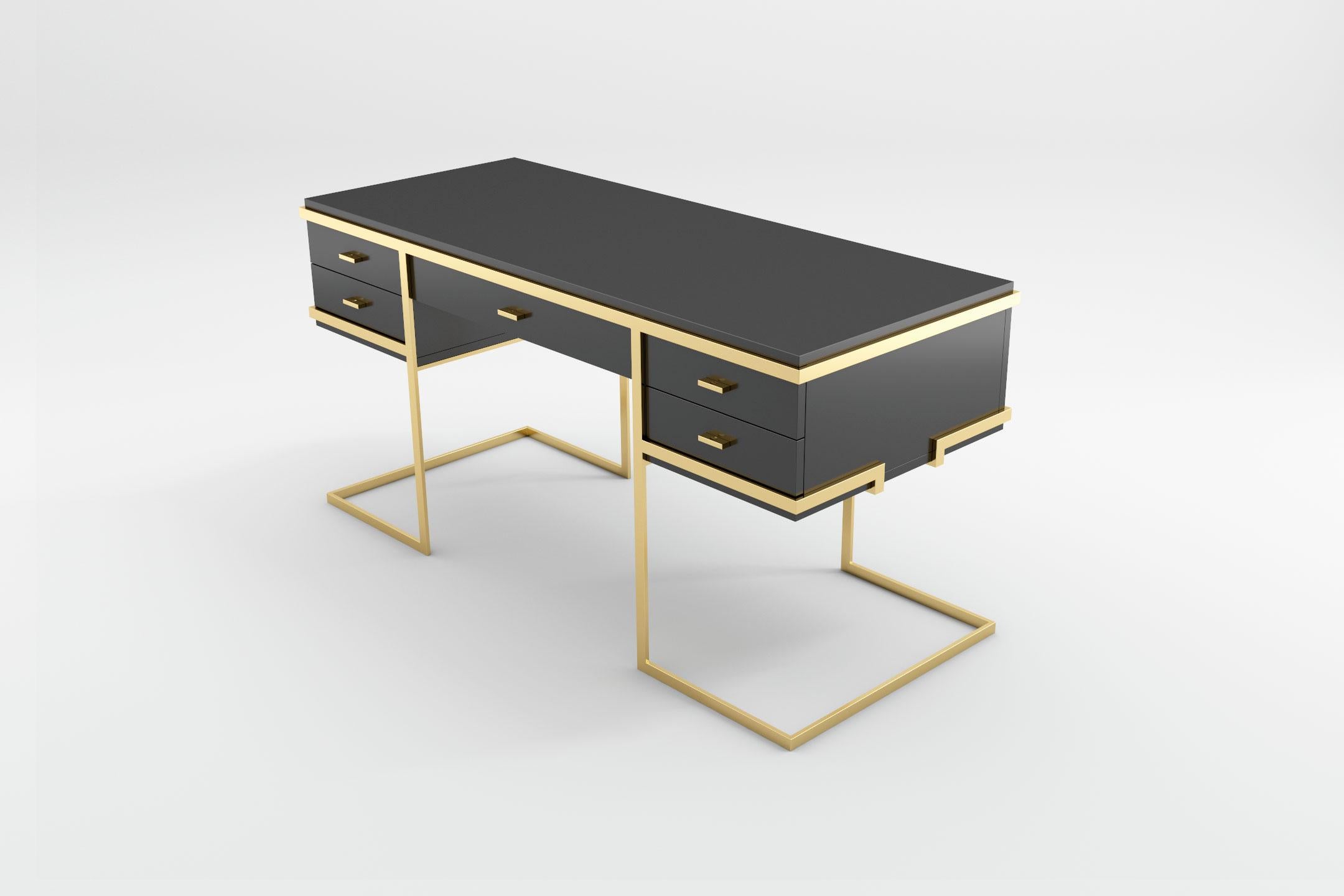 Elemental Desk -  Modern Black Lacquered Desk with Brass Legs In New Condition For Sale In London, GB