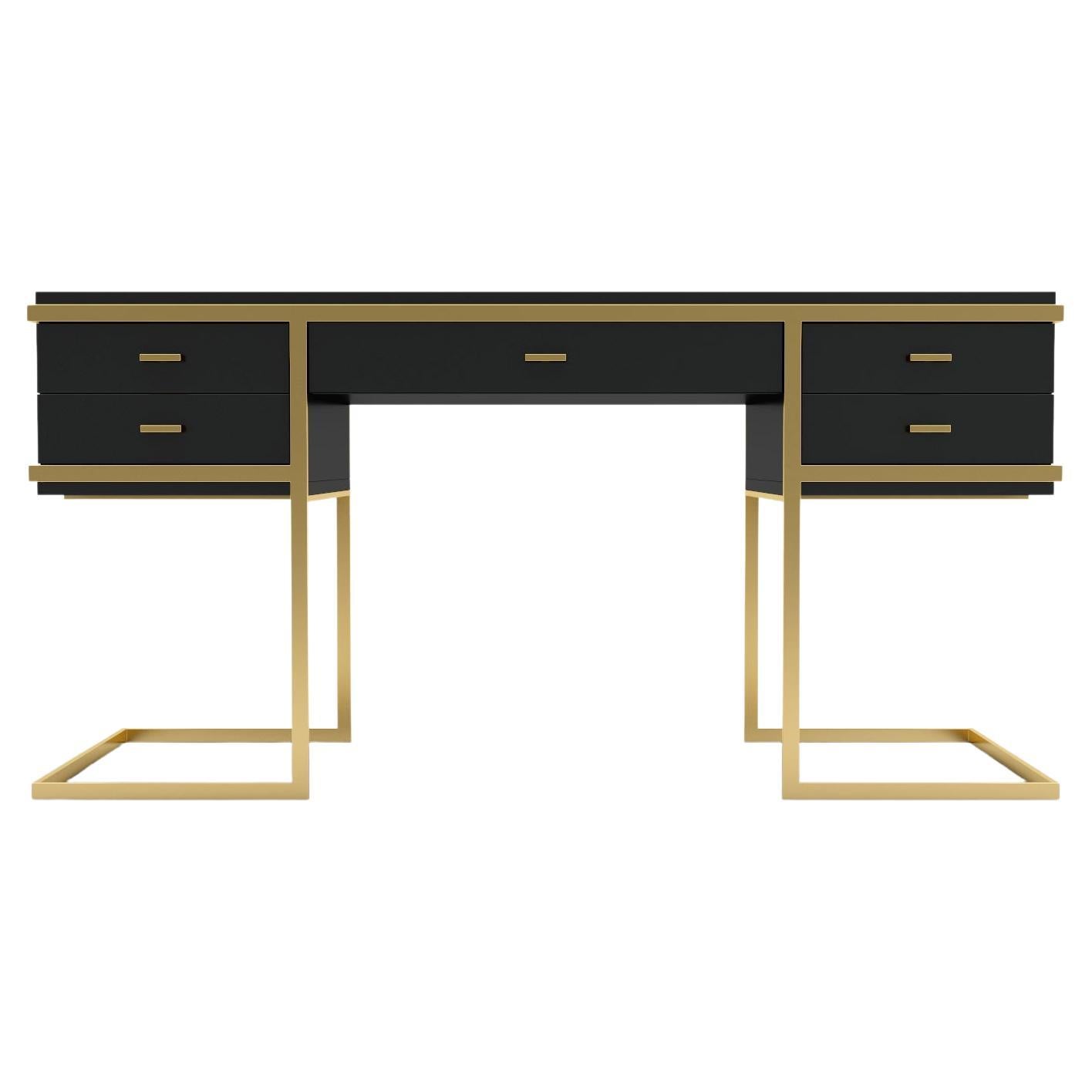 Elemental Desk -  Modern Black Lacquered Desk with Brass Legs For Sale