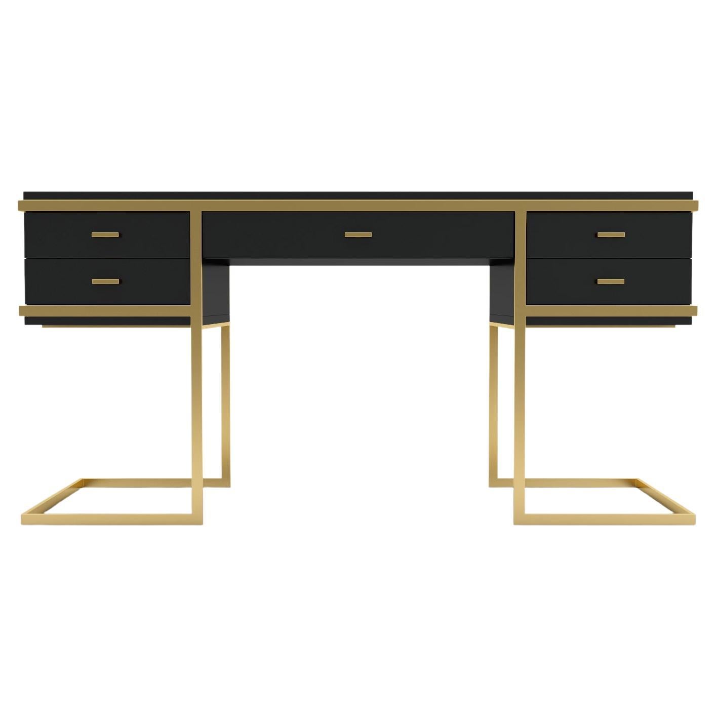 Elemental Desk -  Modern Black Lacquered Desk with Brass Legs