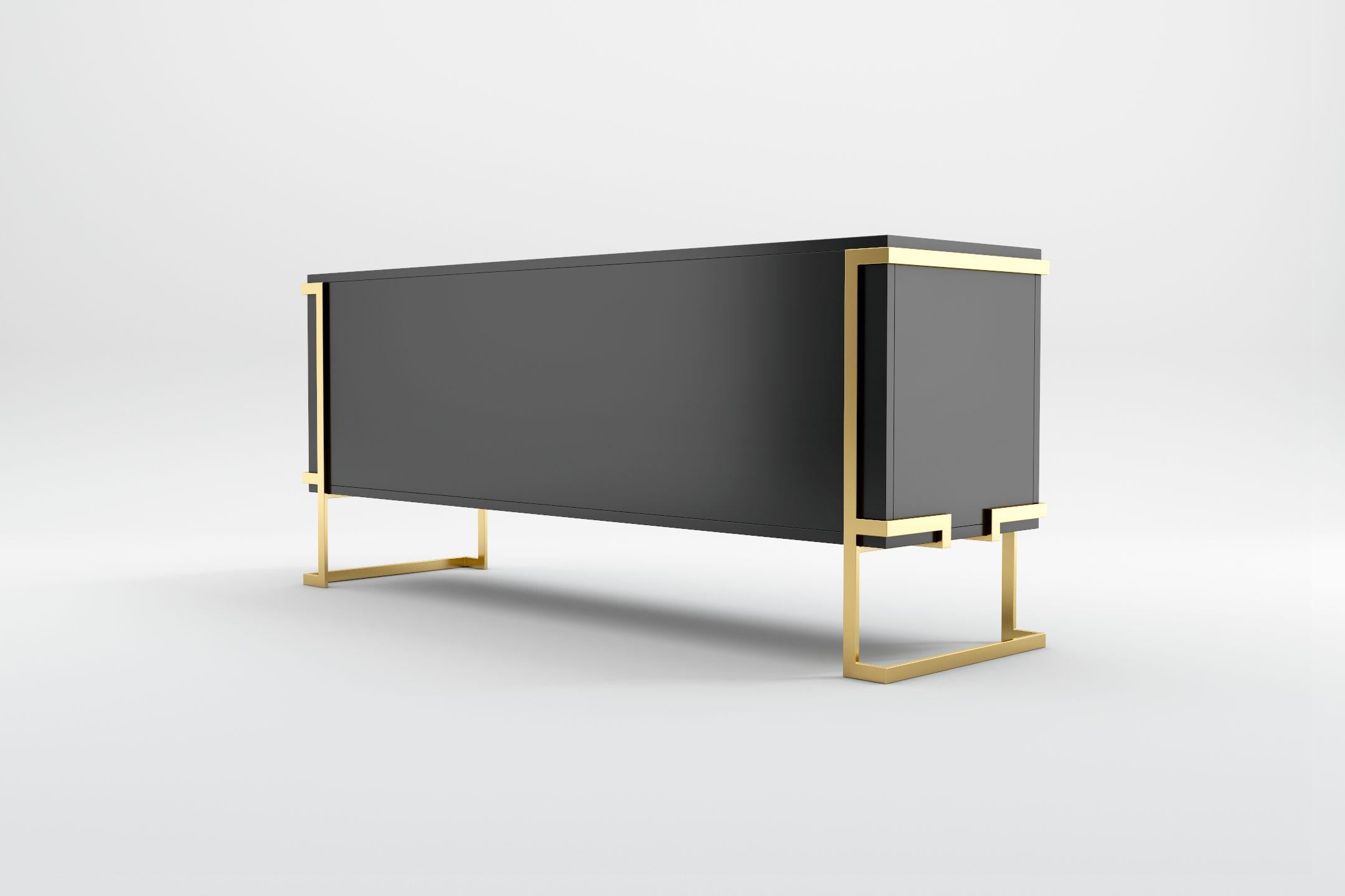 European Elemental Sideboard -  Modern Black Lacquered Sideboard with Brass Legs For Sale