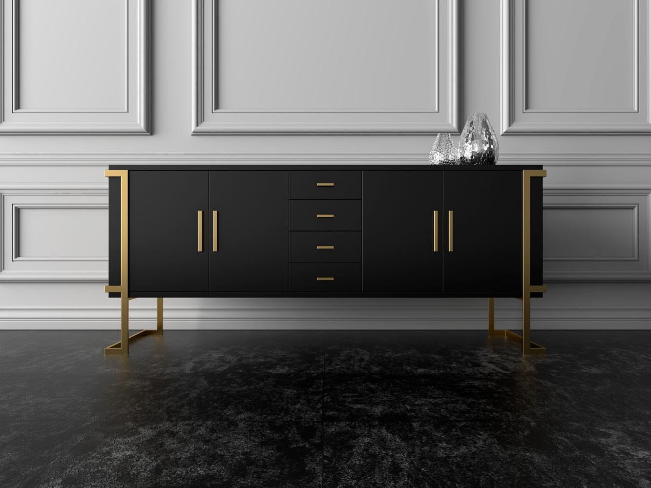 Elemental Sideboard -  Modern Black Lacquered Sideboard with Brass Legs In New Condition For Sale In London, GB