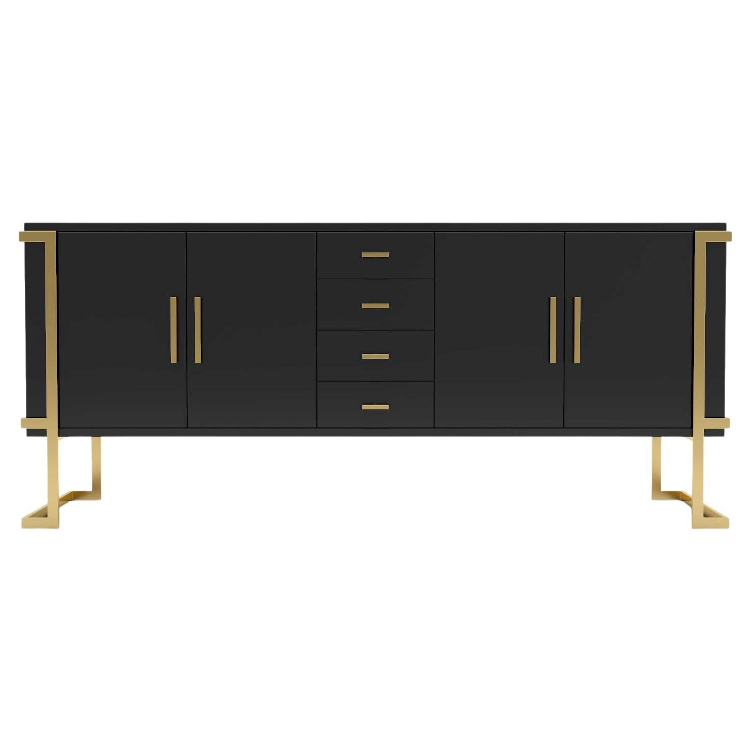 Elemental Sideboard -  Modern Black Lacquered Sideboard with Brass Legs
