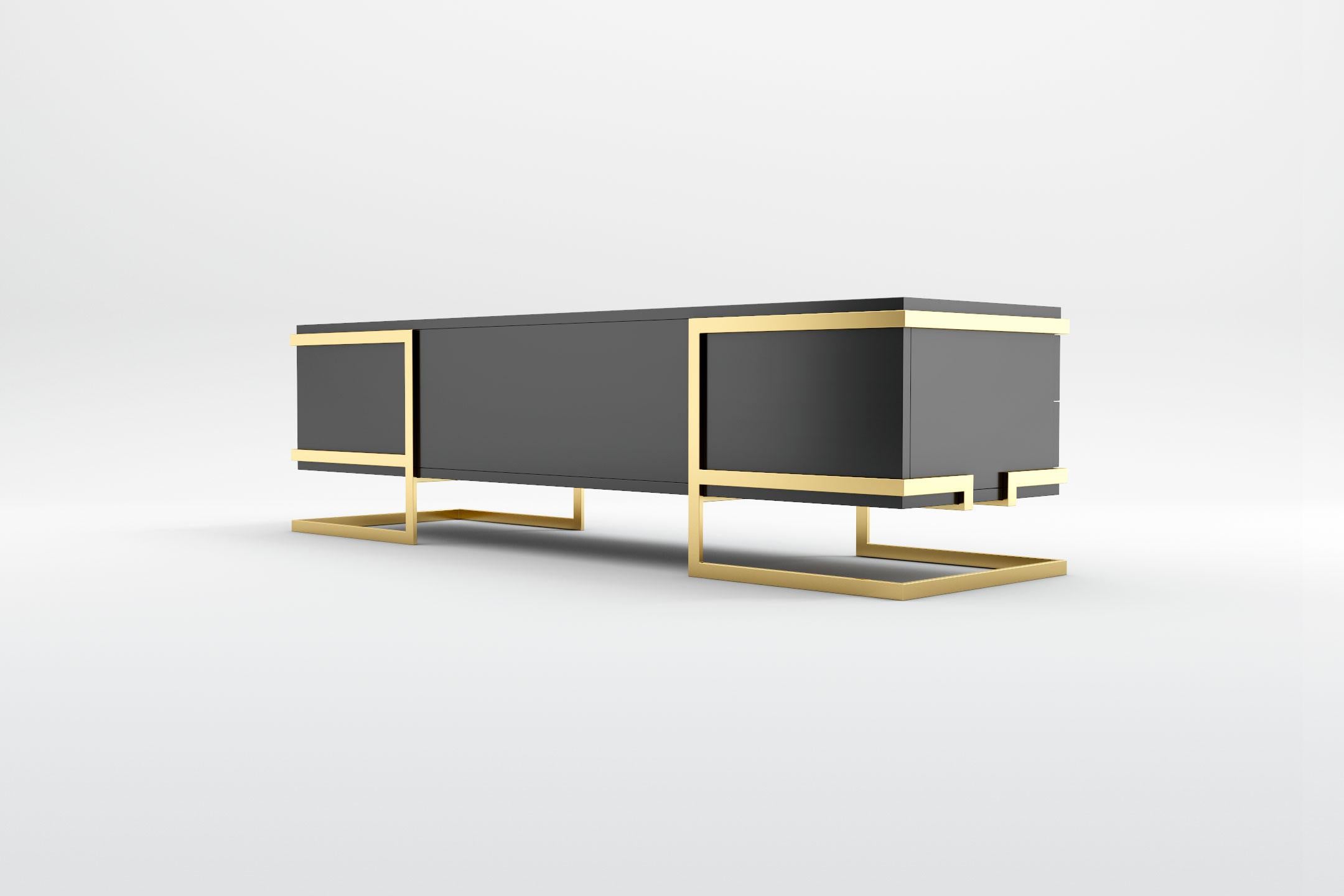 European Elemental TV Console - Modern Black Lacquered TV Console with Brass Legs For Sale