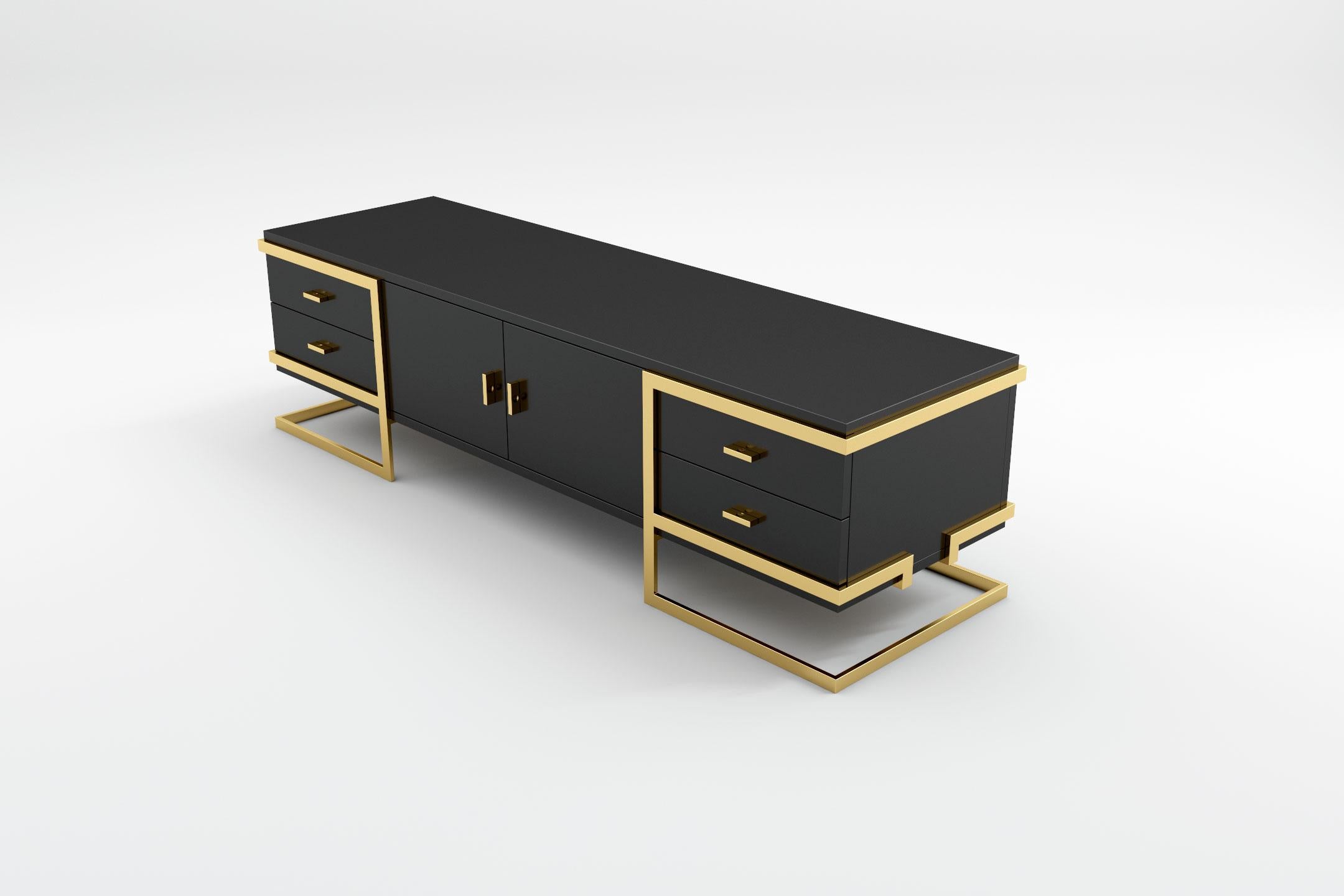 Elemental TV Console - Modern Black Lacquered TV Console with Brass Legs In New Condition For Sale In London, GB