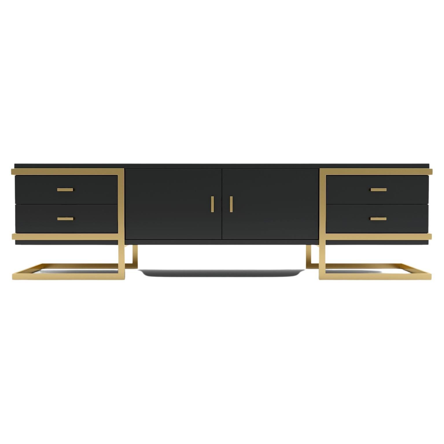 Elemental TV Console - Modern Black Lacquered TV Console with Brass Legs