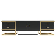 Elemental TV Console - Modern Black Lacquered TV Console with Brass Legs