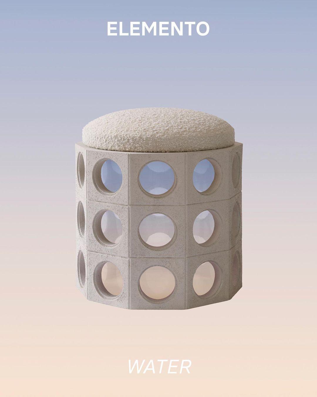 Elemento Pouf Water by Houtique
Materials: upholstery, Fabric
Dimensions: D40 x W40 x H46 cm

Designed by Patricia Bustos.
Made in Spain.
Resin structure.
Painted methactylate gradient interior.
(3 color options).

A pouf inspired by the