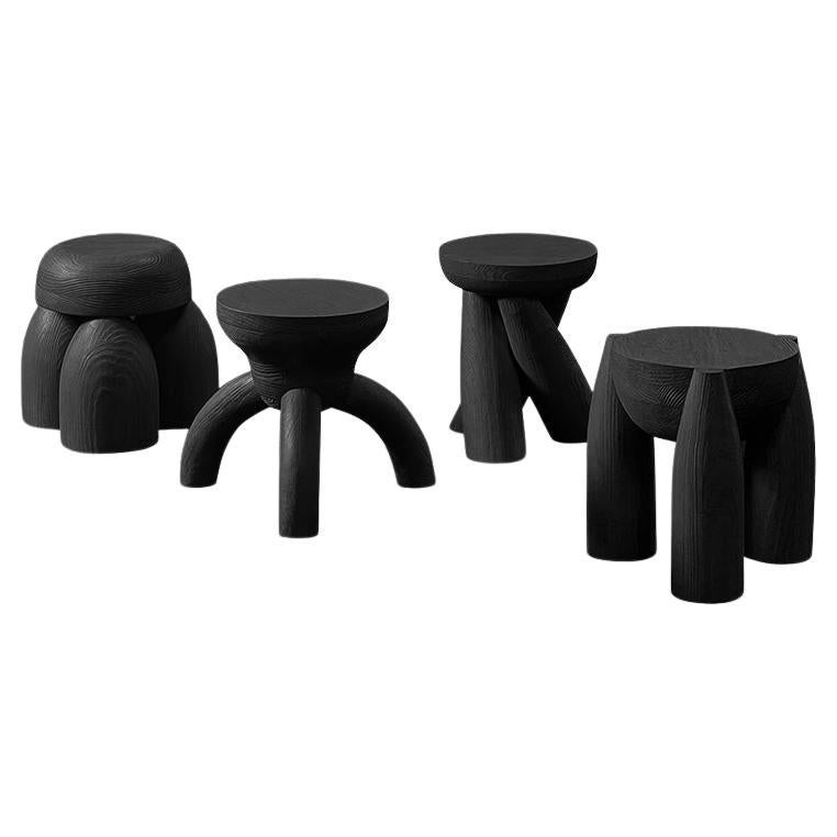 ELEMENTOS Stool Set in Sandblasted Pine with Black Finish by Daniel Couttolenc
