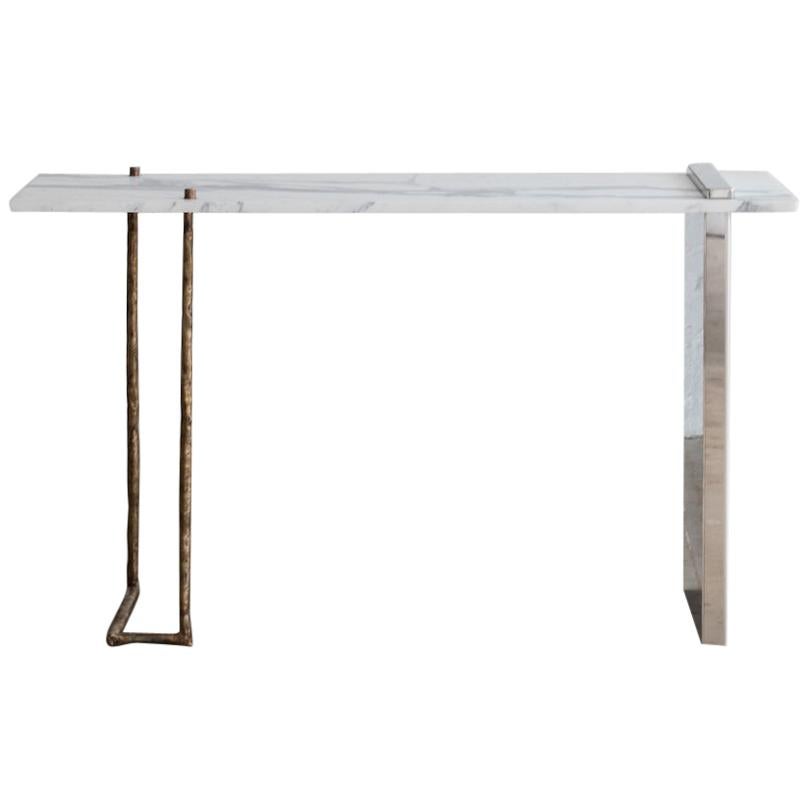 Elements Desk by Billy Cotton in Marble with Stainless Steel and Cast Bronze Leg For Sale