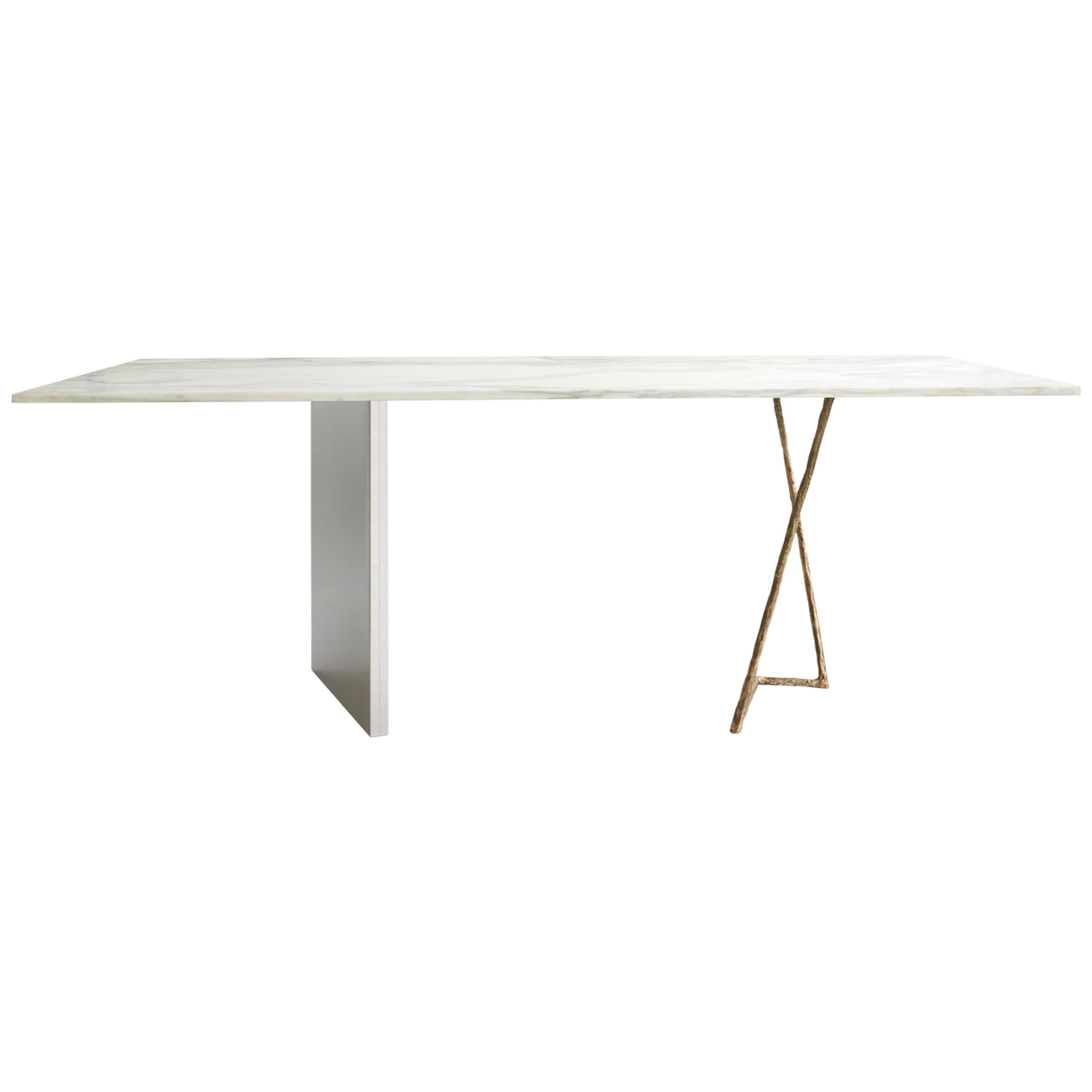 Elements Table by Billy Cotton in Marble with Stainless Steel, Cast Bronze Legs For Sale