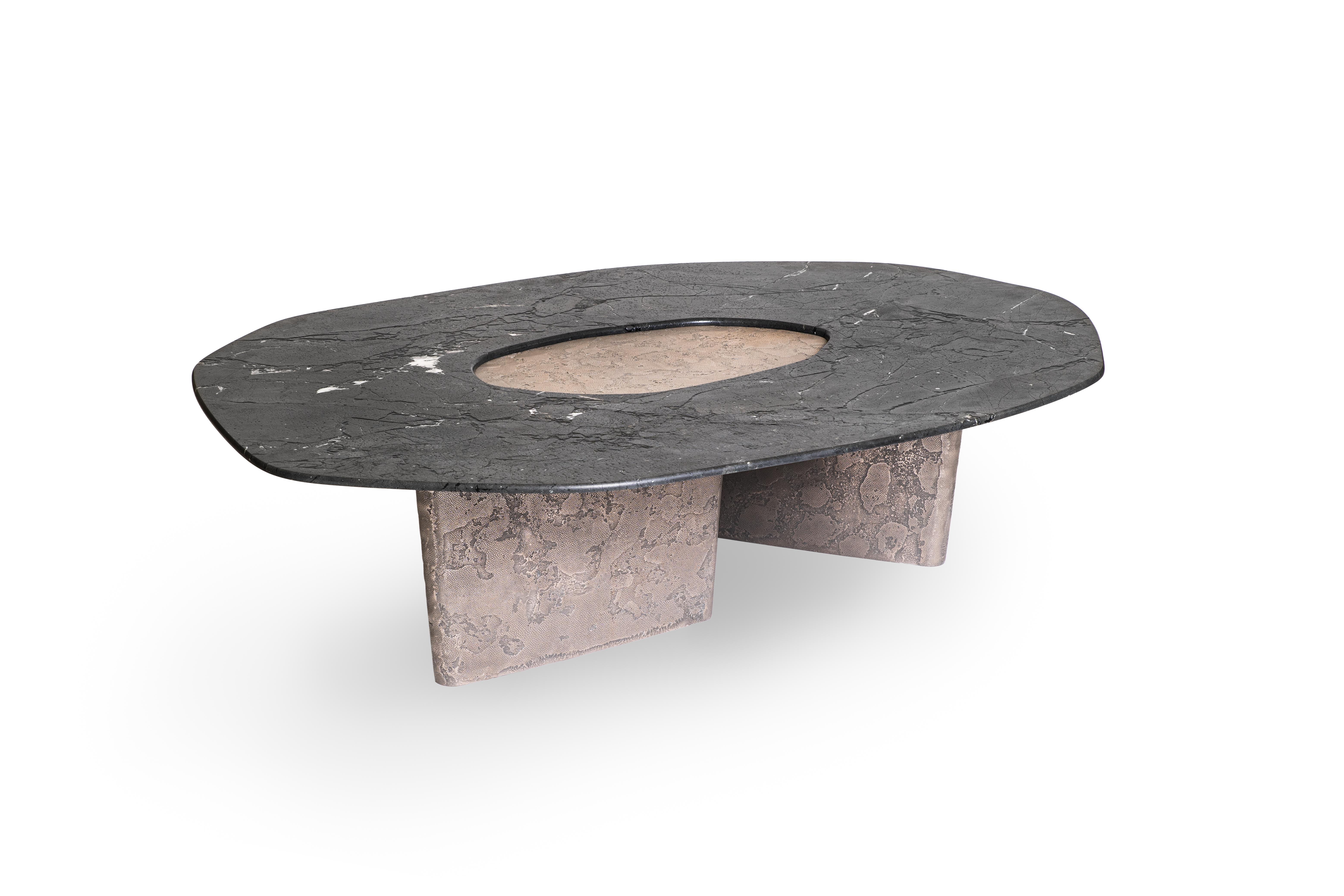 “The Elements Vb” Contemporary Center Table, one of a kind and one of the series of various coffee tables within Elements collection. 
Created of the two totally different structures, reveals some symbiotic influence between each other. One