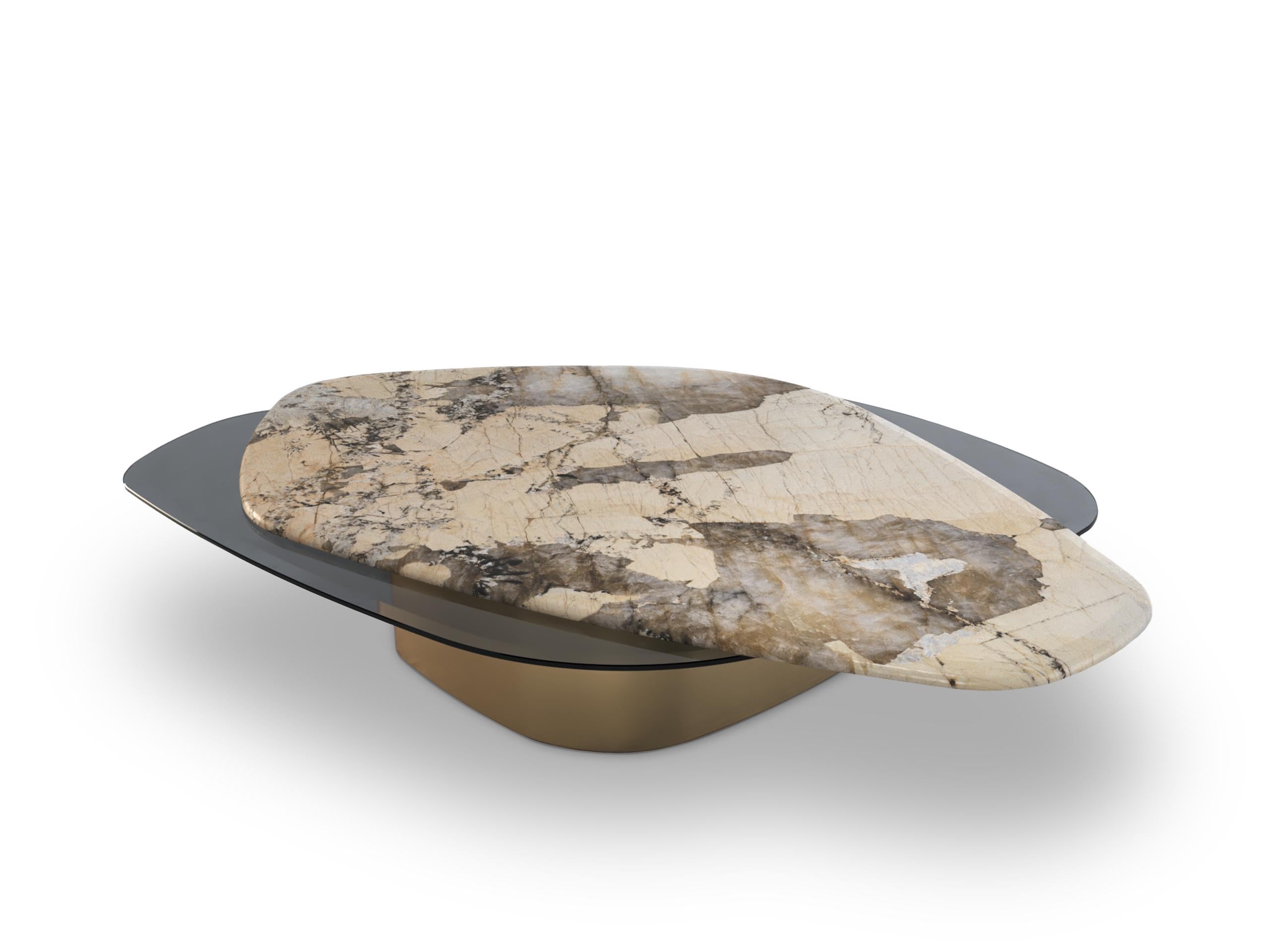 The elements VII coffee table, 1 of 1 by Grzegorz Majka
Edition 1 of 1
Dimensions:  W 172.7  x D 119.3 x H 35.5 cm
Materials: Glass, quartz and brass

“The Elements VIII” is one of a kind and one of the series of various coffee tables that will be