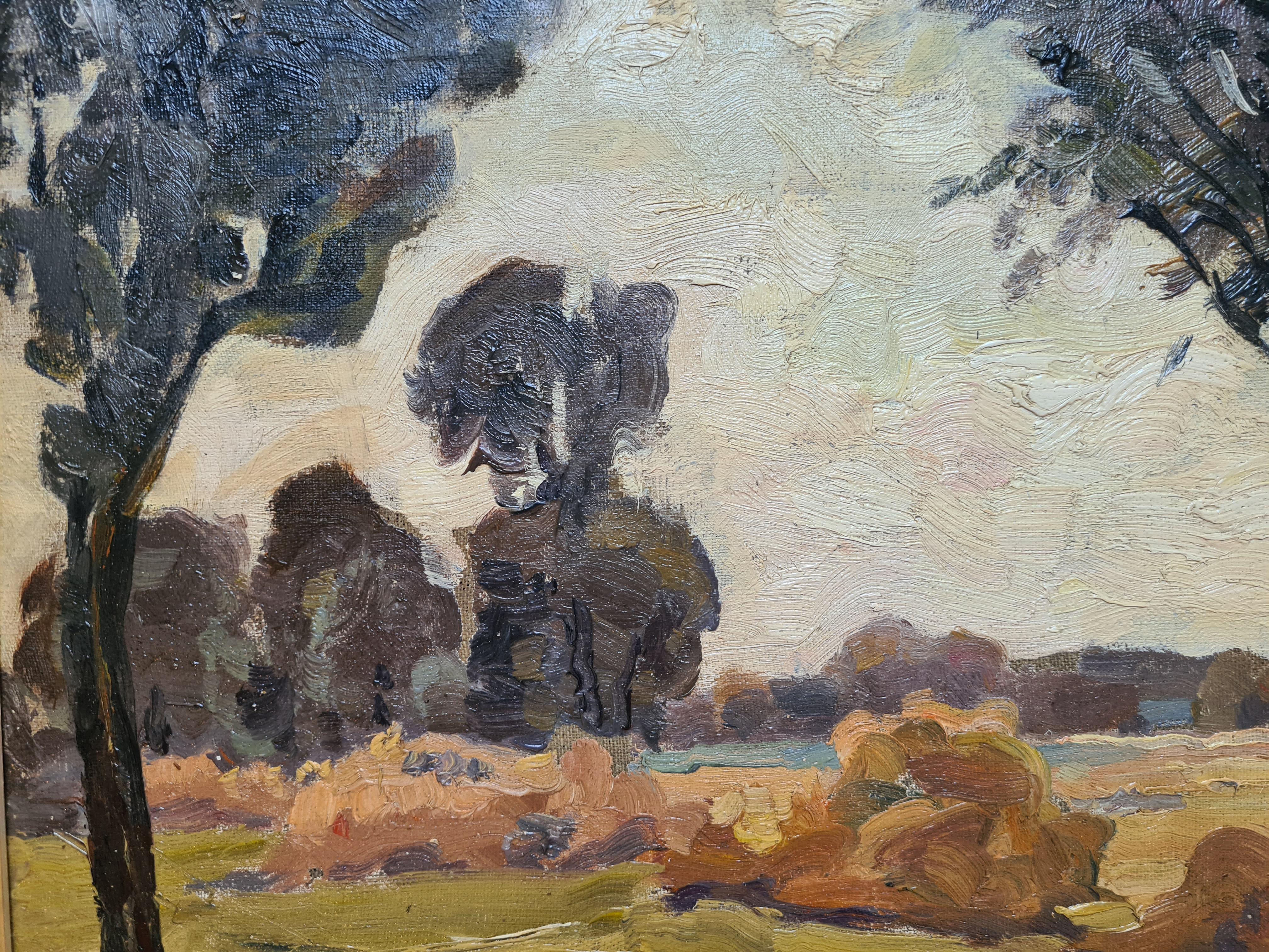 Expressionistische Landschaft aus der Mitte des Jahrhunderts, Öl auf Leinwand. Das Landleben im Angebot 5