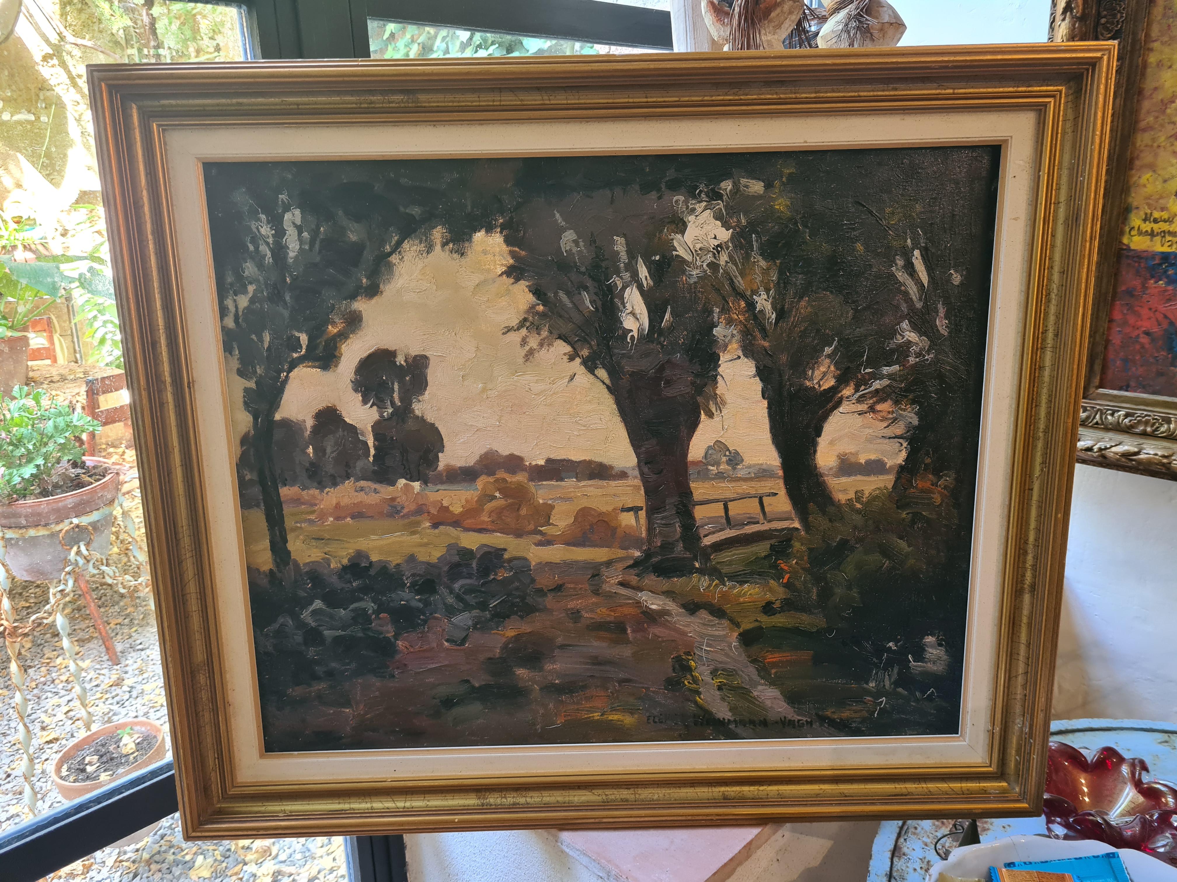 Expressionistische Landschaft aus der Mitte des Jahrhunderts, Öl auf Leinwand. Das Landleben im Angebot 8