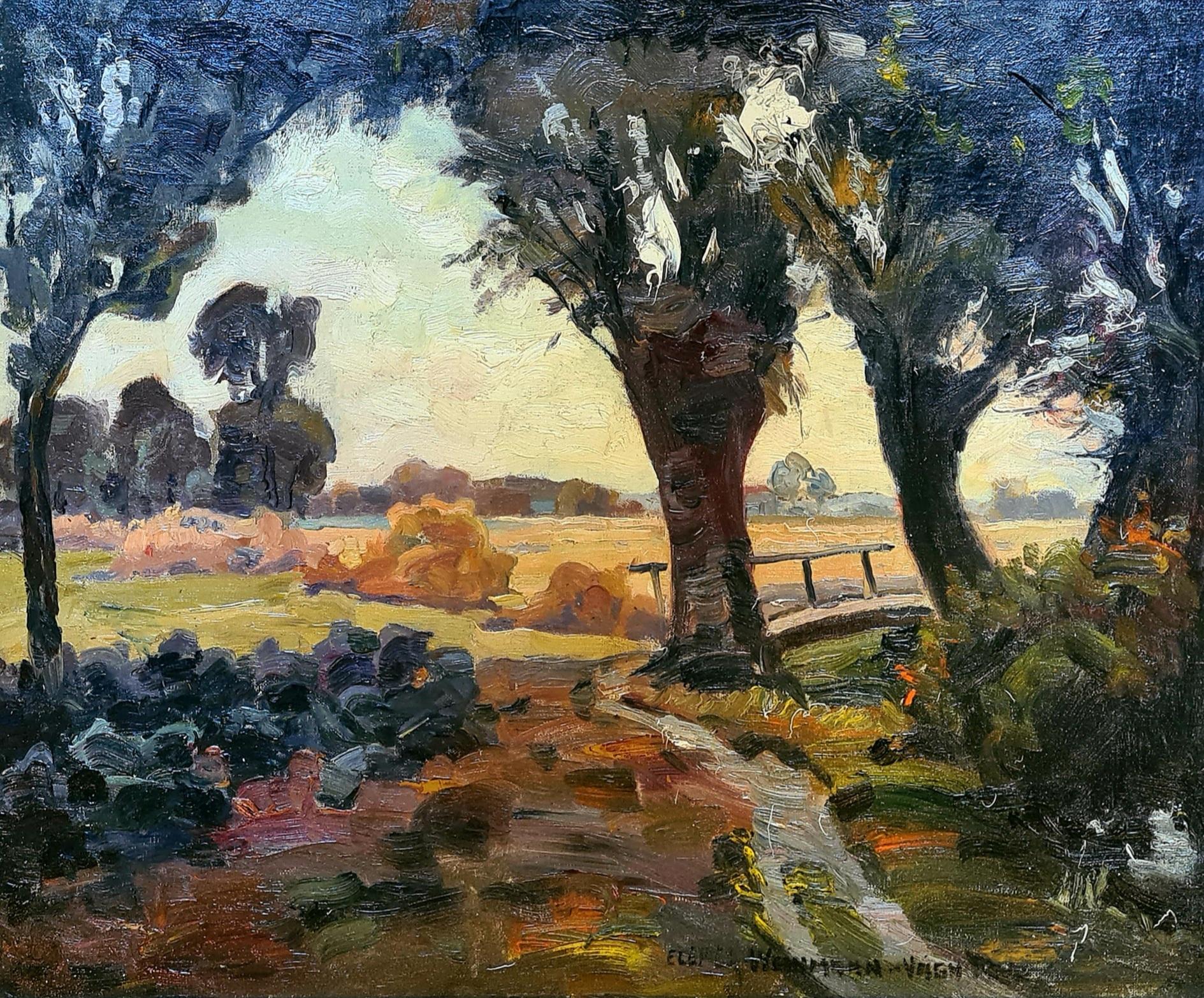 Expressionistische Landschaft aus der Mitte des Jahrhunderts, Öl auf Leinwand. Das Landleben – Painting von Elemer Vagh Weinmann