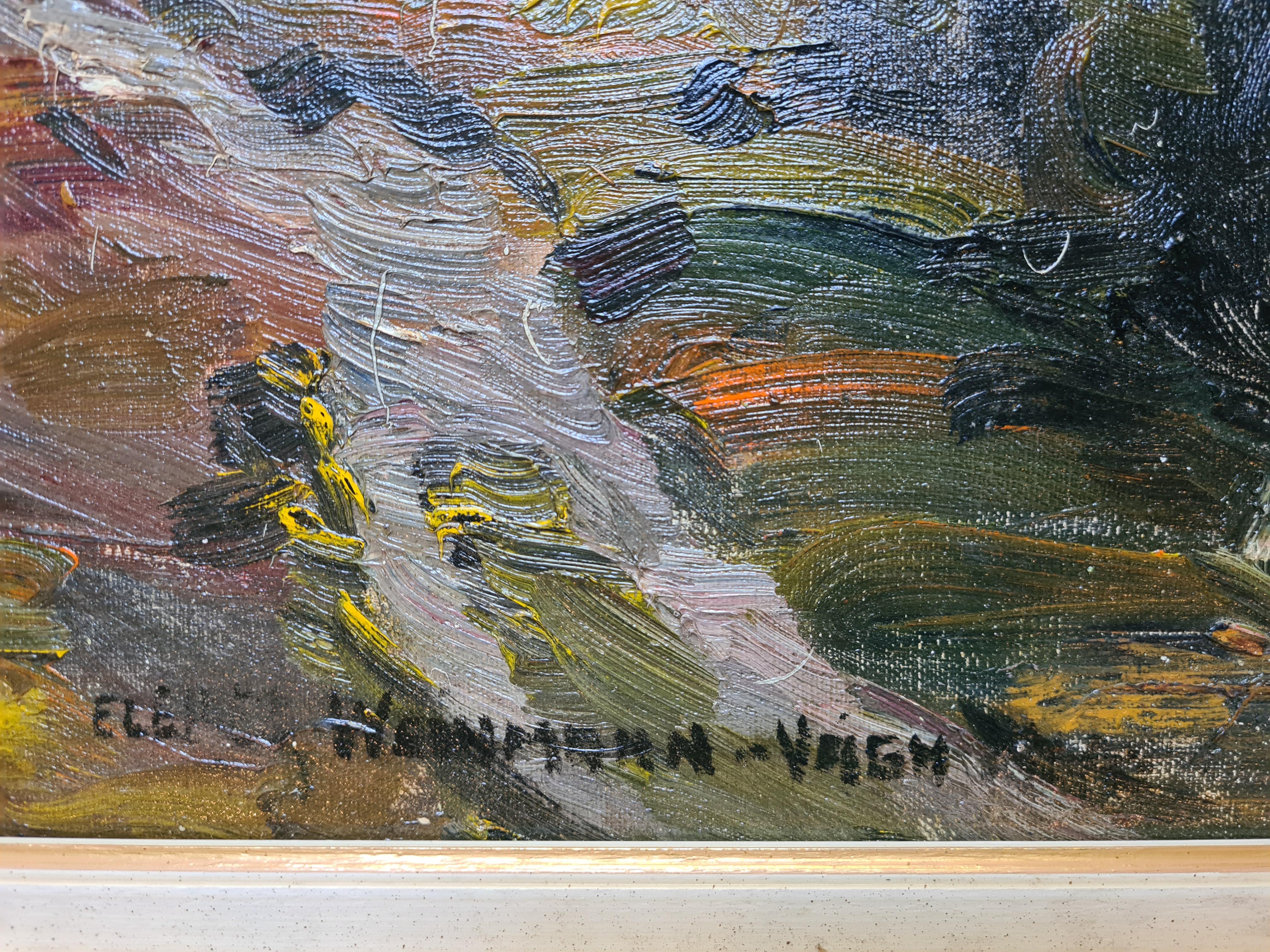 Expressionistische Landschaft aus der Mitte des Jahrhunderts, Öl auf Leinwand. Das Landleben (Expressionismus), Painting, von Elemer Vagh Weinmann