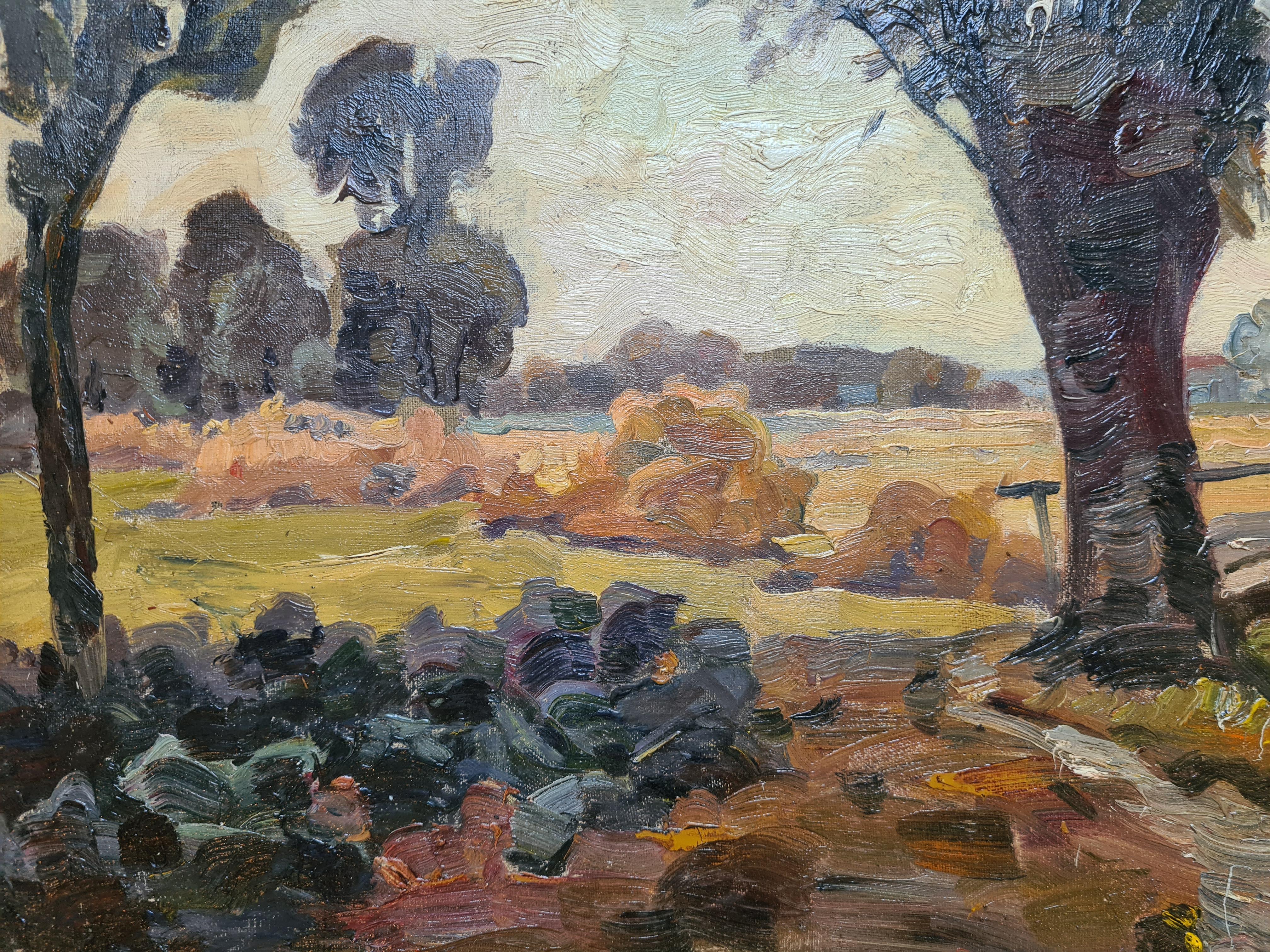 Expressionistische Landschaft aus der Mitte des Jahrhunderts, Öl auf Leinwand. Das Landleben (Schwarz), Landscape Painting, von Elemer Vagh Weinmann