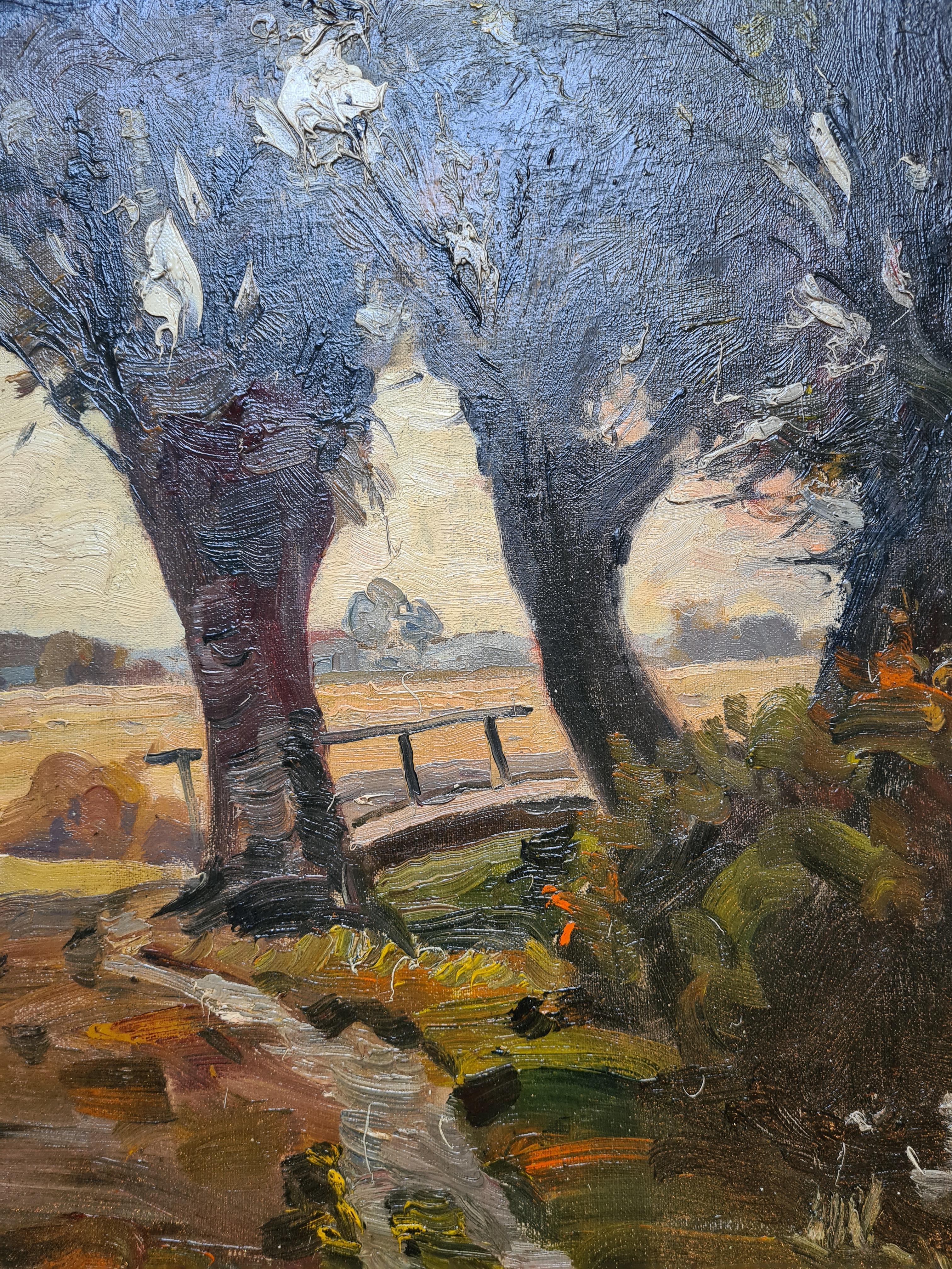 Mid Century Öl auf Leinwand Landschaft Gemälde von Franco ungarischen Künstler Elemer Vagh Weinmann. Das Gemälde ist unten rechts signiert und wird in einem maßgefertigten vergoldeten Rahmen mit weißem Einband präsentiert.

In diesem meisterhaften