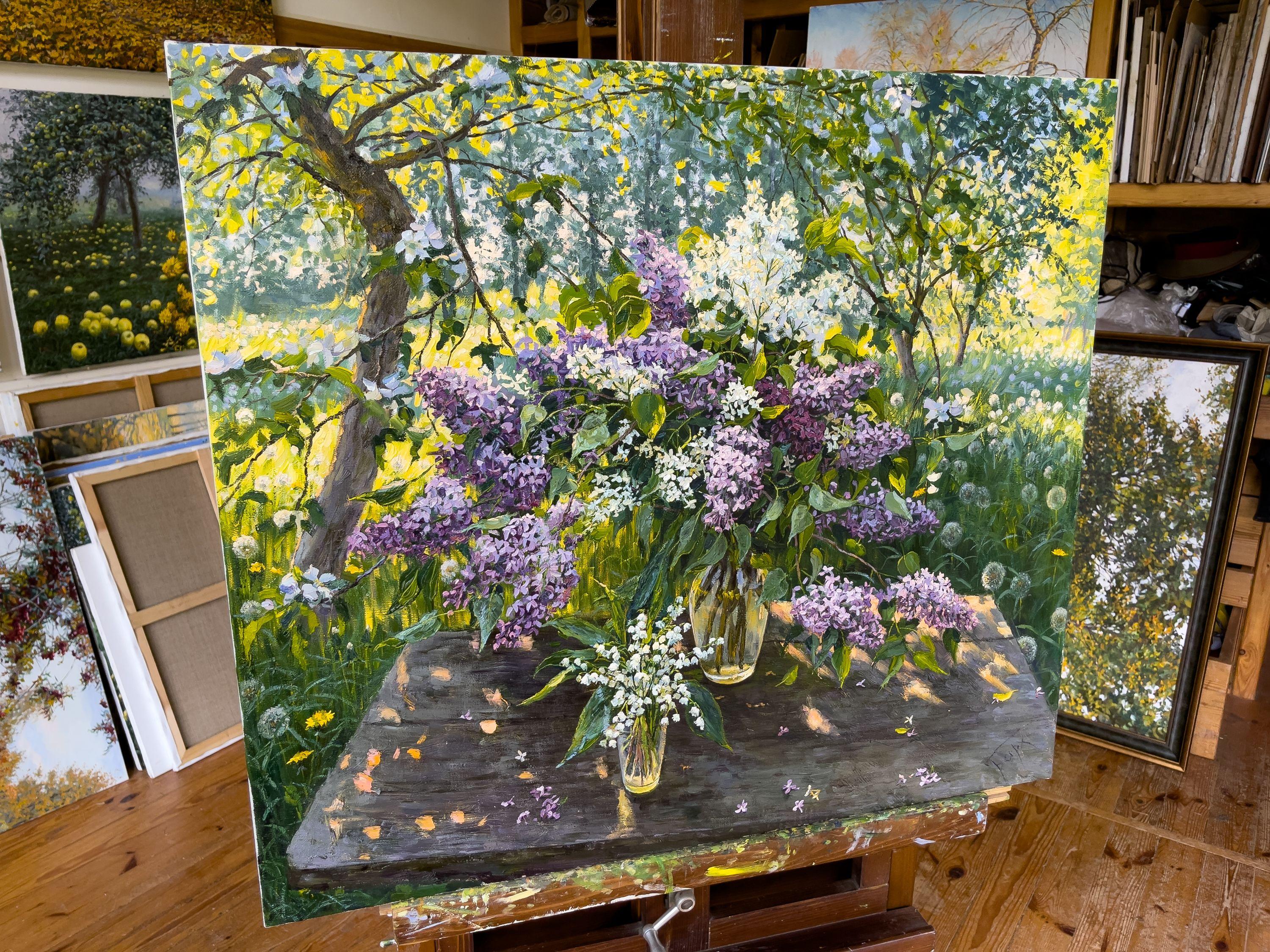 Title: Still Life with Lilacs and Lilies of the Valley  Date made: 2021  Medium and support: oil on canvas  Dimensions: h 75 cm Ã— w 85 cm Ã— d 3 cm  Copyright: Elena Barkhatkova :: Painting :: Impressionist :: This piece comes with an official
